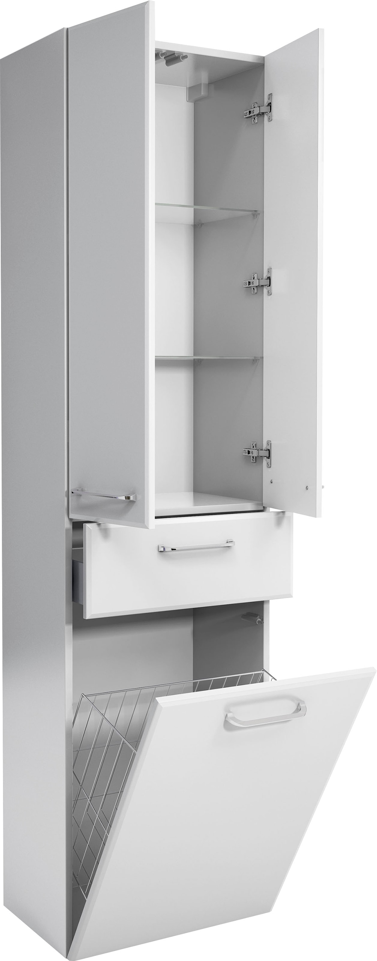 Saphir Armoire haute »Quickset Badschrank 50 cm breit, 2 Türen, 1 Schublade, 1 Wäschekippe« armoire haute de salle de bain avec amortisseur de porte, poignées chrome brillant
