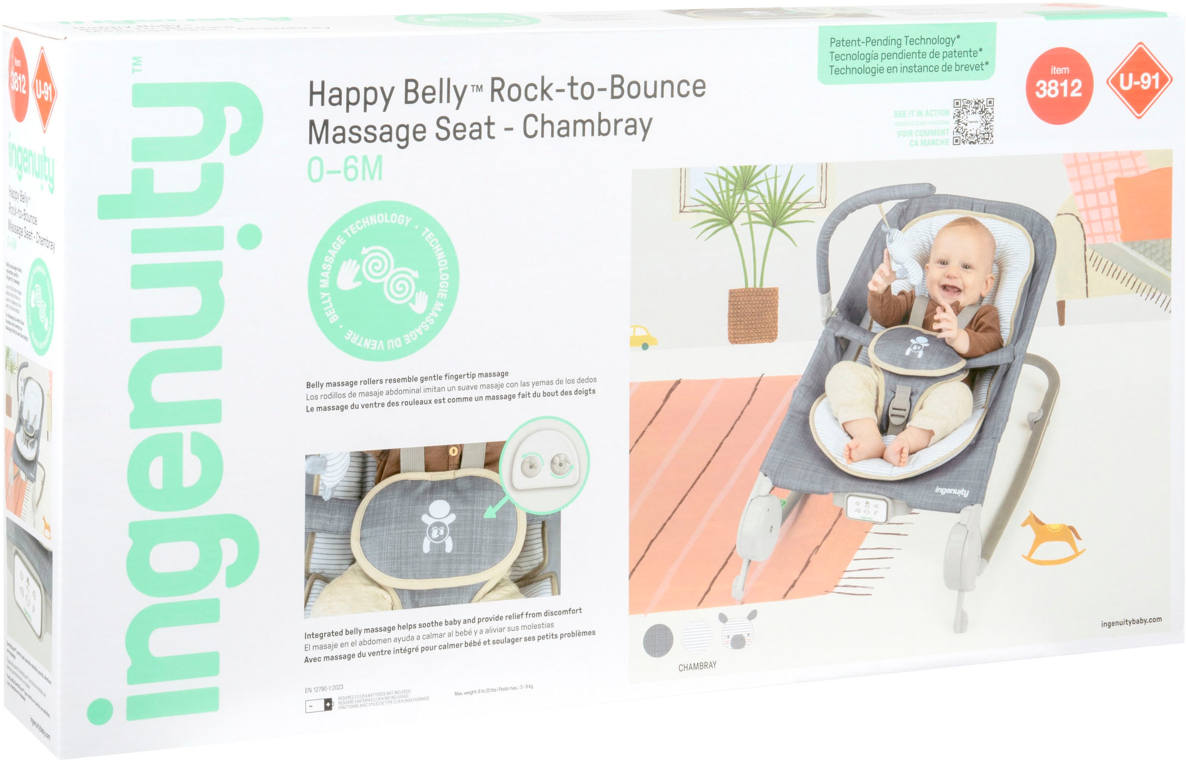 ingenuity Babywippe »Happy Belly™ Rock-to-Bounce Massage Seat - Chambray« bis 9 kg mit Melodien und Geräuschen