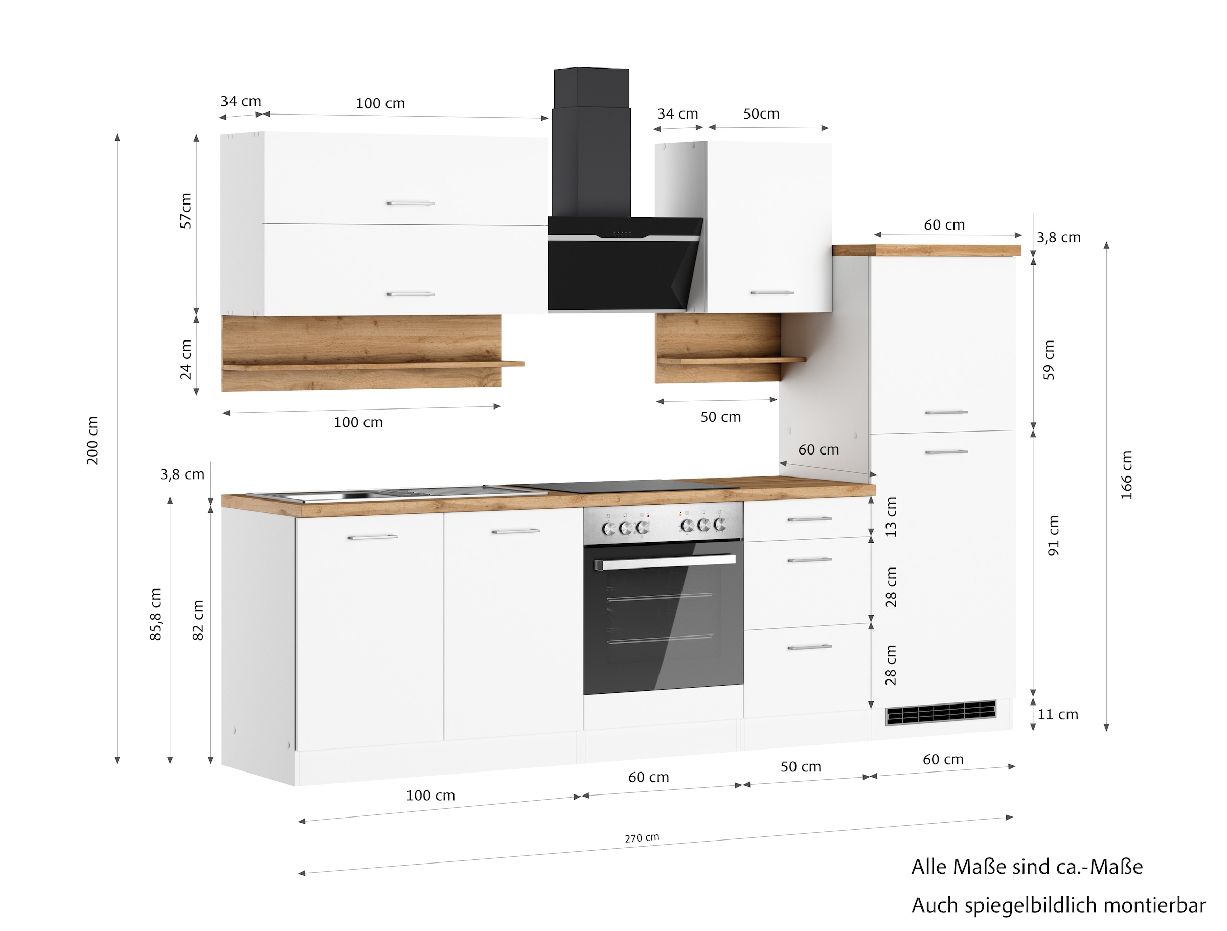 KOCHSTATION Kitchenette »KS-Milan« largeur 270 cm, coulisses métalliques robustes, beaucoup d'espace de rangement