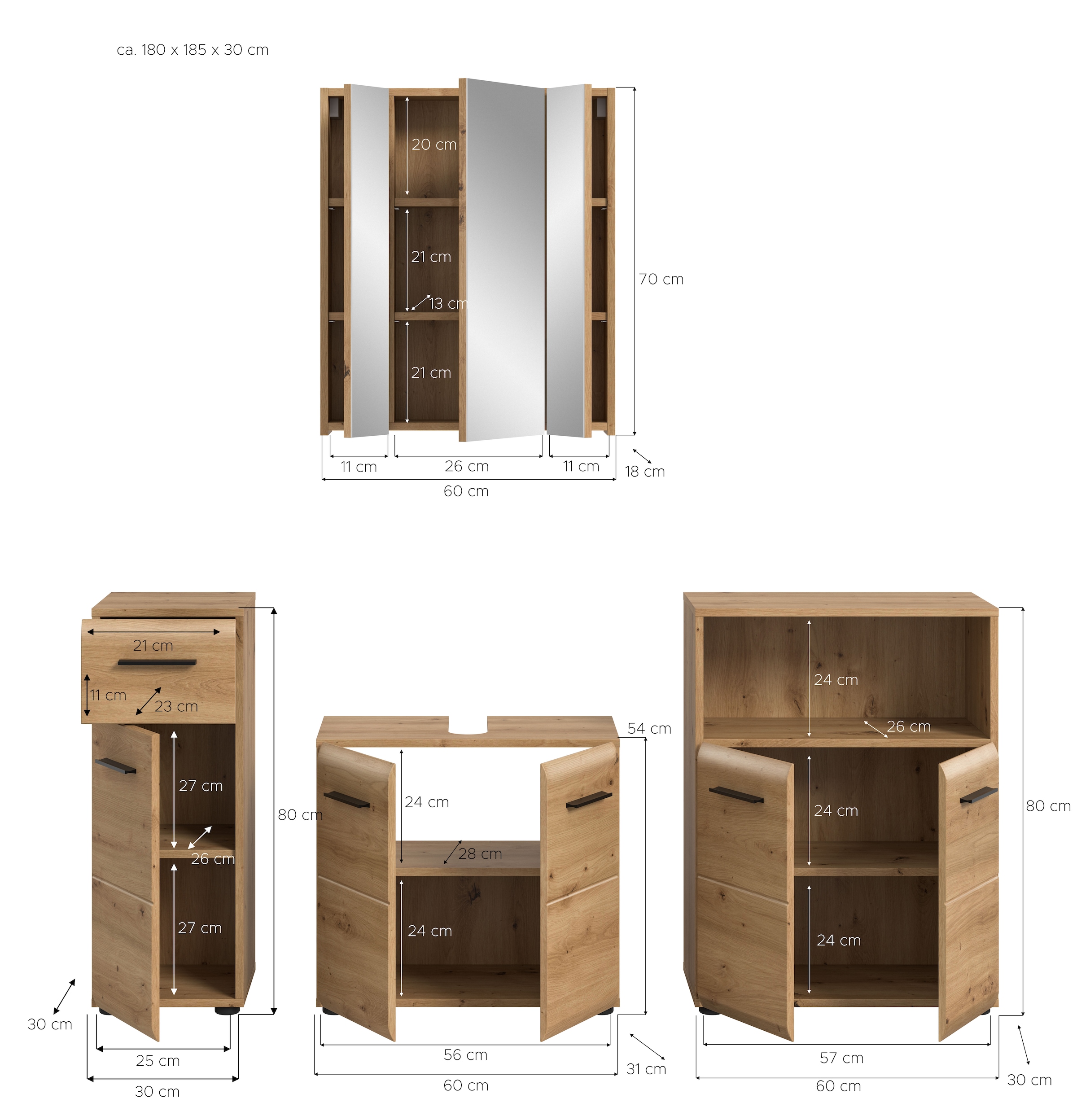 INOSIGN Ensemble de meubles de salle de bain »FLORENZ, TOPSELLER!, 4-teilige Badkombination, hochwertige MDF-Front« Set, Unterschrank, Waschbeckenunterschrank, Spiegelschrank, Midischrank, 4 cuis tlg.