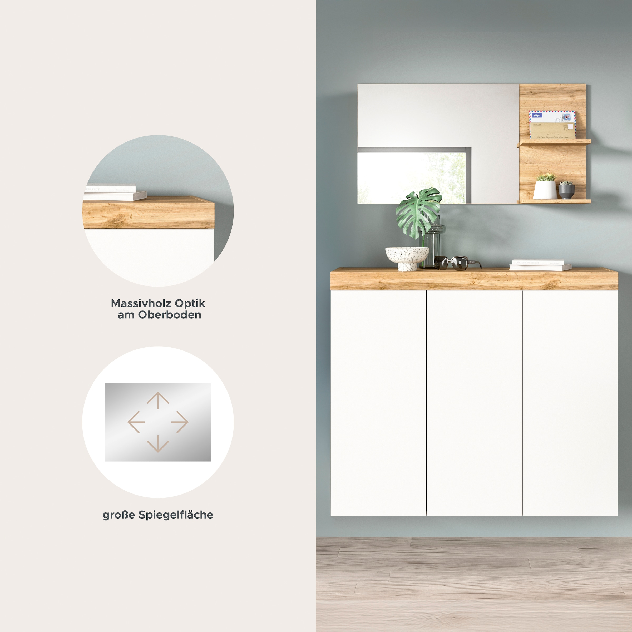 GOODproduct Garderoben-Set »MAMBO, 2-teilige Kombination, stehend & hängend montierbar« bestehend aus: Kommode, Spiegel, 2 Stk. tlg.