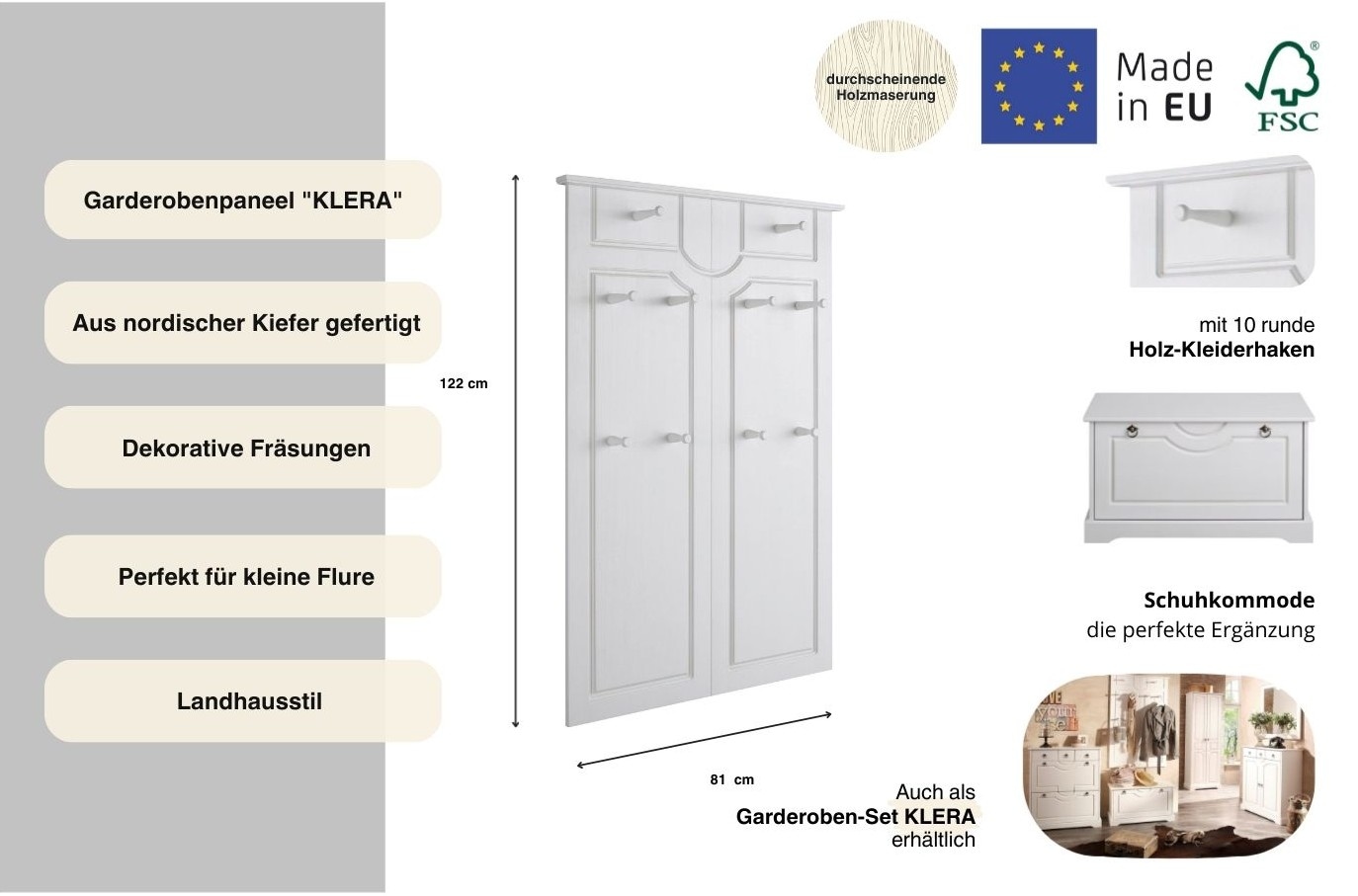 Home affaire Panneau de vestiaire »Klera« Mit 10 Kleiderhaken, aus massiver Kiefer