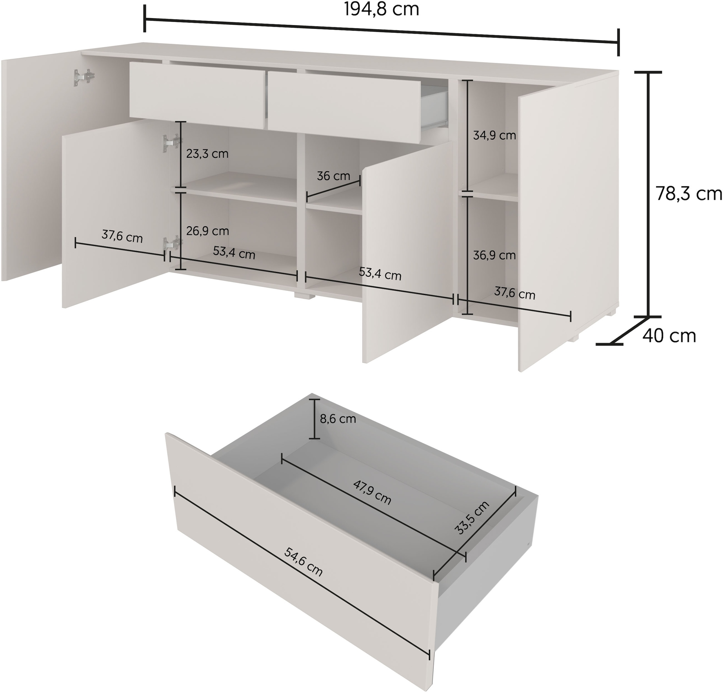 GOODproduct Sideboard »Metric,Breite 195 cm, grifflose Kommode 4 Türen/2 Schubkästen« Schubladenschrank mit viel Stauraum, Einlegeböden verstellbar