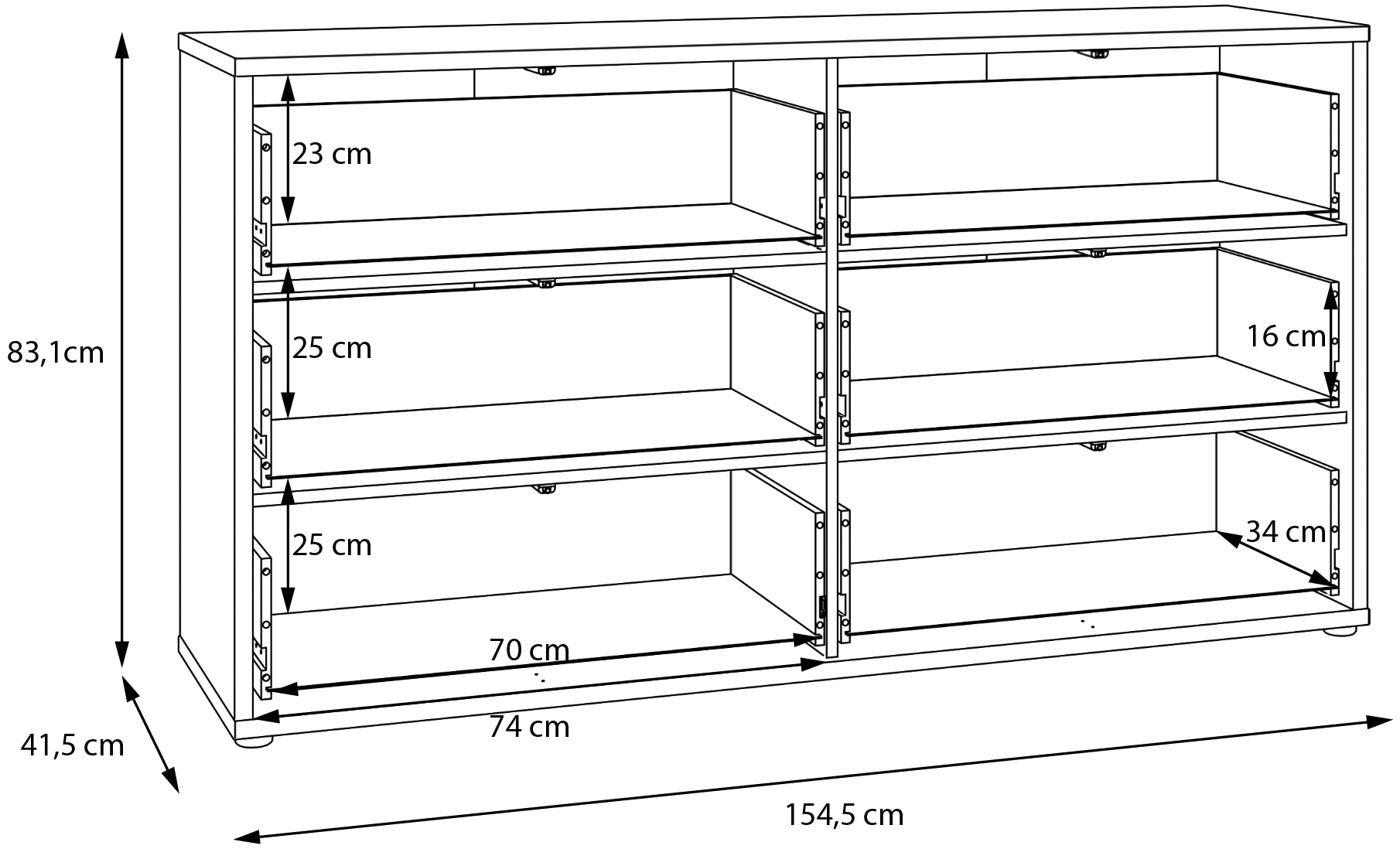 FORTE Sideboard »Alice Springs, Kommode mit 6 Schubkästen, Breite 154,5cm« Schubkästen mit Vollauszug, grifflos,Push to open , Stauraum
