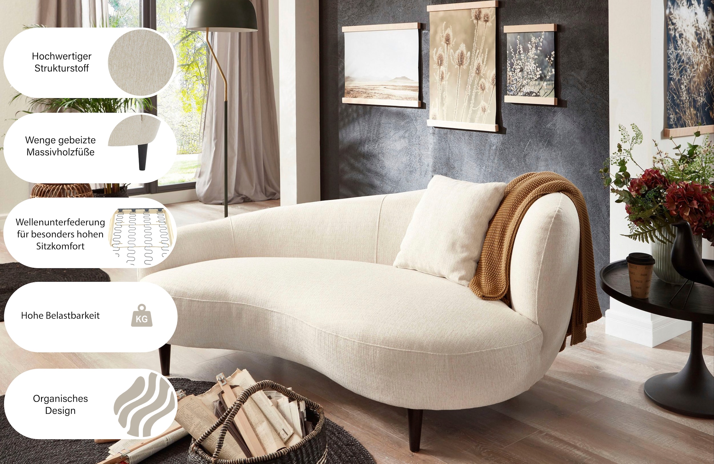 ATLANTIC home collection Chaise longue »Olivia« Canapé forme rein avec coussins décoratifs en housse d'origine