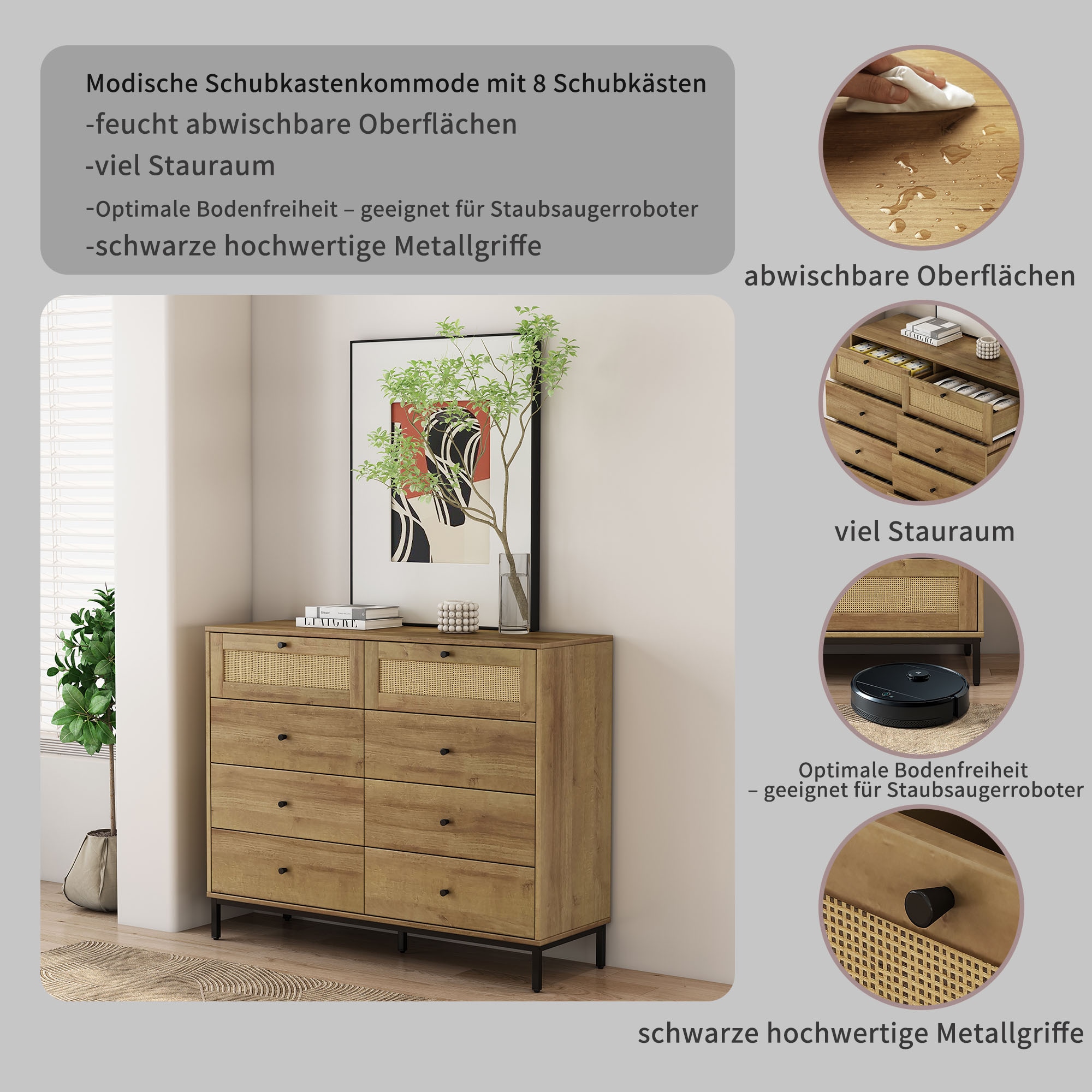 GOODproduct Kombikommode »Motala Wäsche Schrank mit 8 Schubladen Sideboard BOHO Design« Eichen-Design mit schwarzen Griffen und Geflecht Schubladen, 