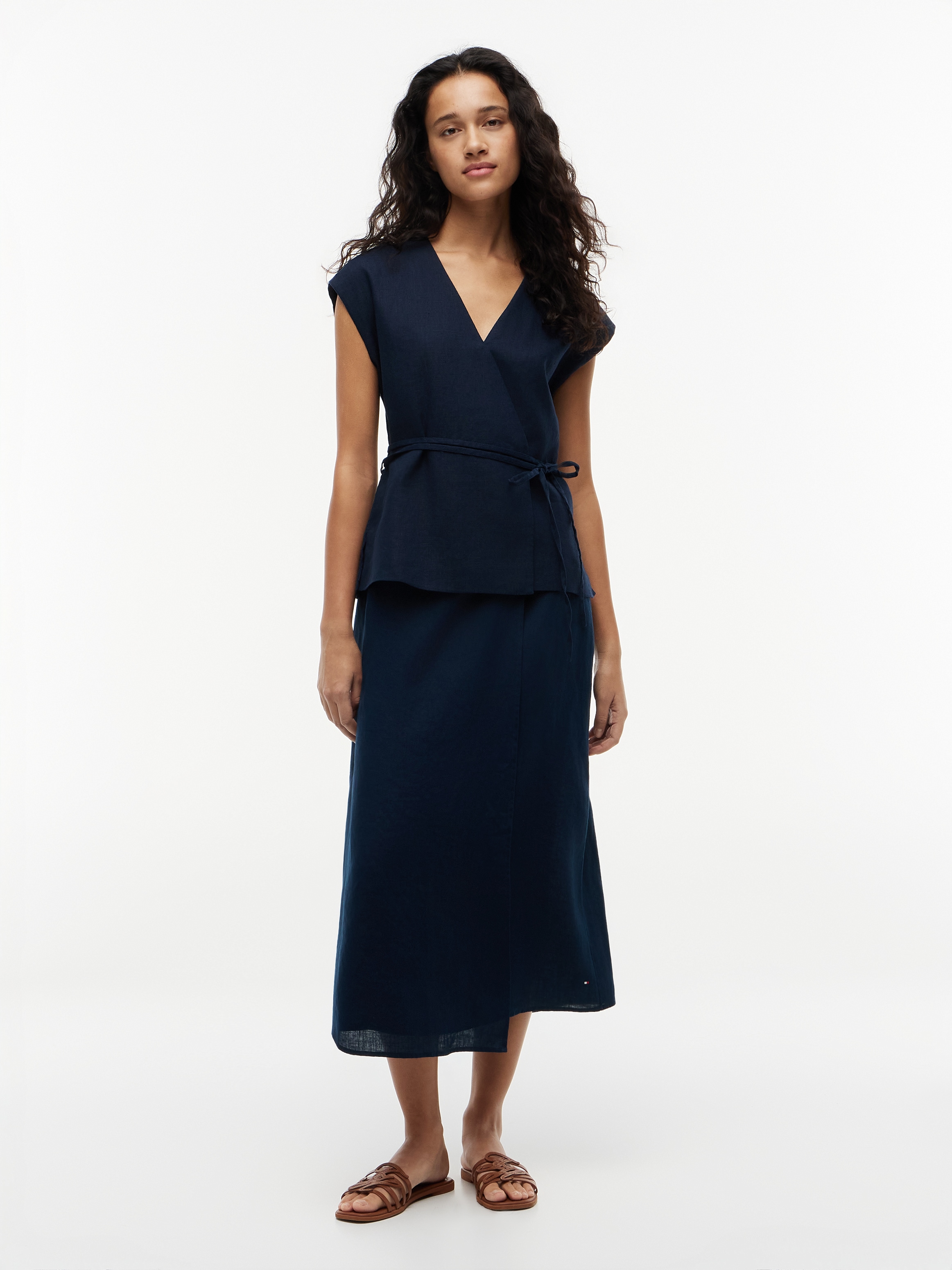 Tommy Hilfiger Chemisier cache-cœur »ESS LINEN WRAP TIE NS VEST« Materialmix, Bindeband