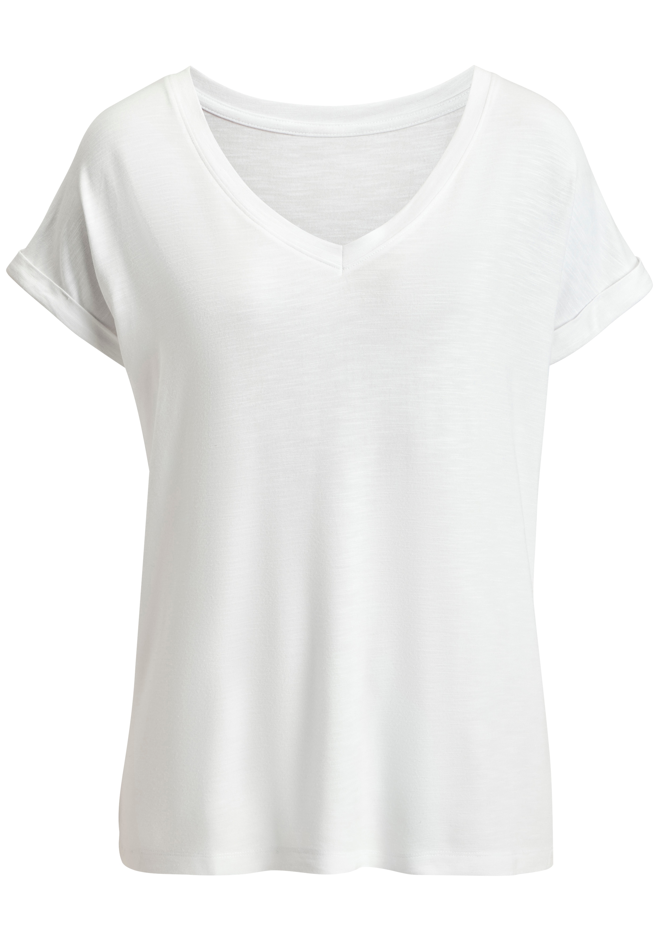 Beachtime by Lascana T-shirt en V »mit fixiertem Ärmelumschlag« en qualité viscose aérée