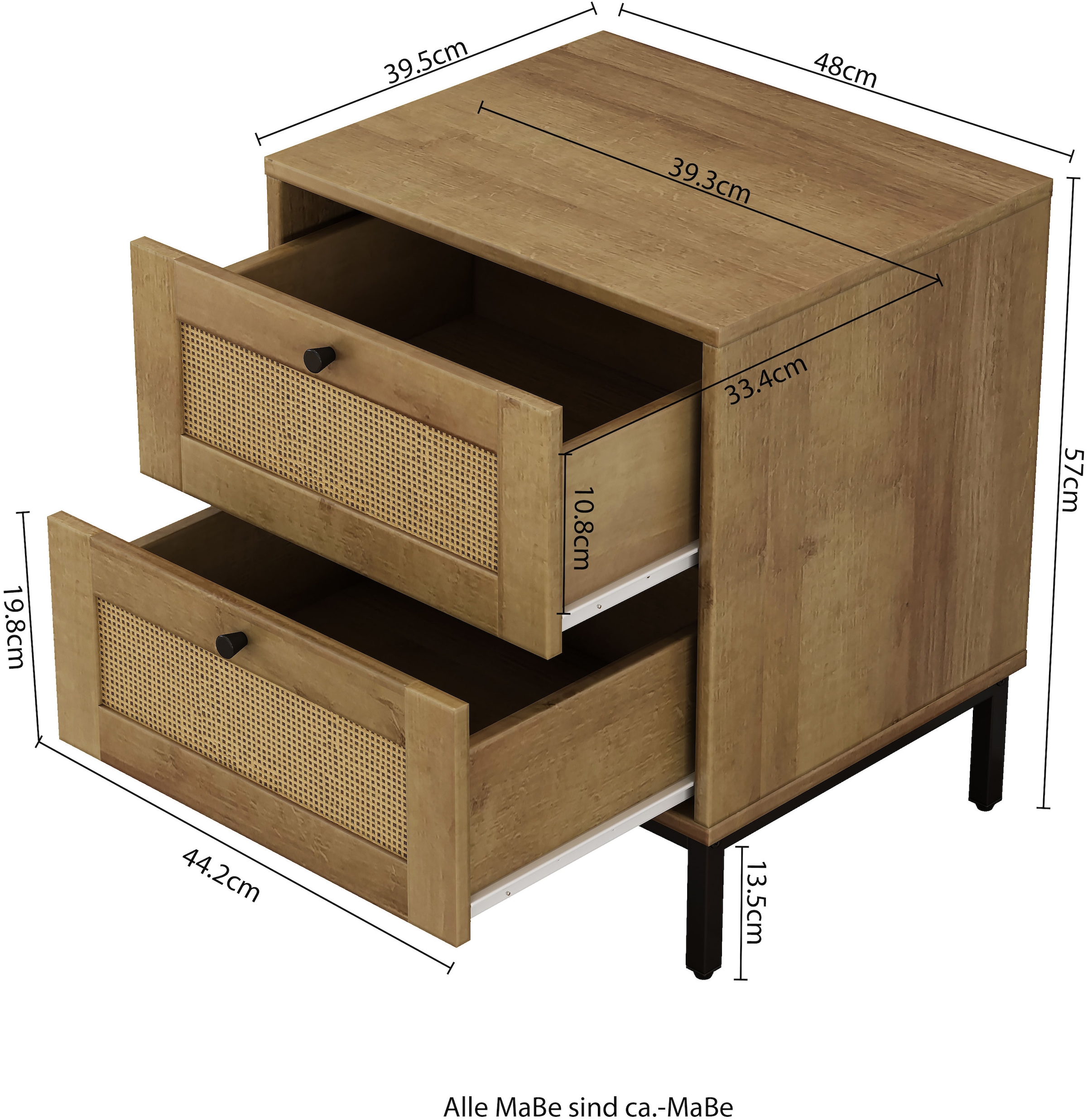 GOODproduct Nachtkommode »Motala Schlafzimmerschrank Garderobe Boho Eichen-Design« Set, 2 Schränke im Set - Eichen-Design mit schwarzen Griffen,  Nachttisch Set mit je 2 Schubladen mit wiener Geflecht optik