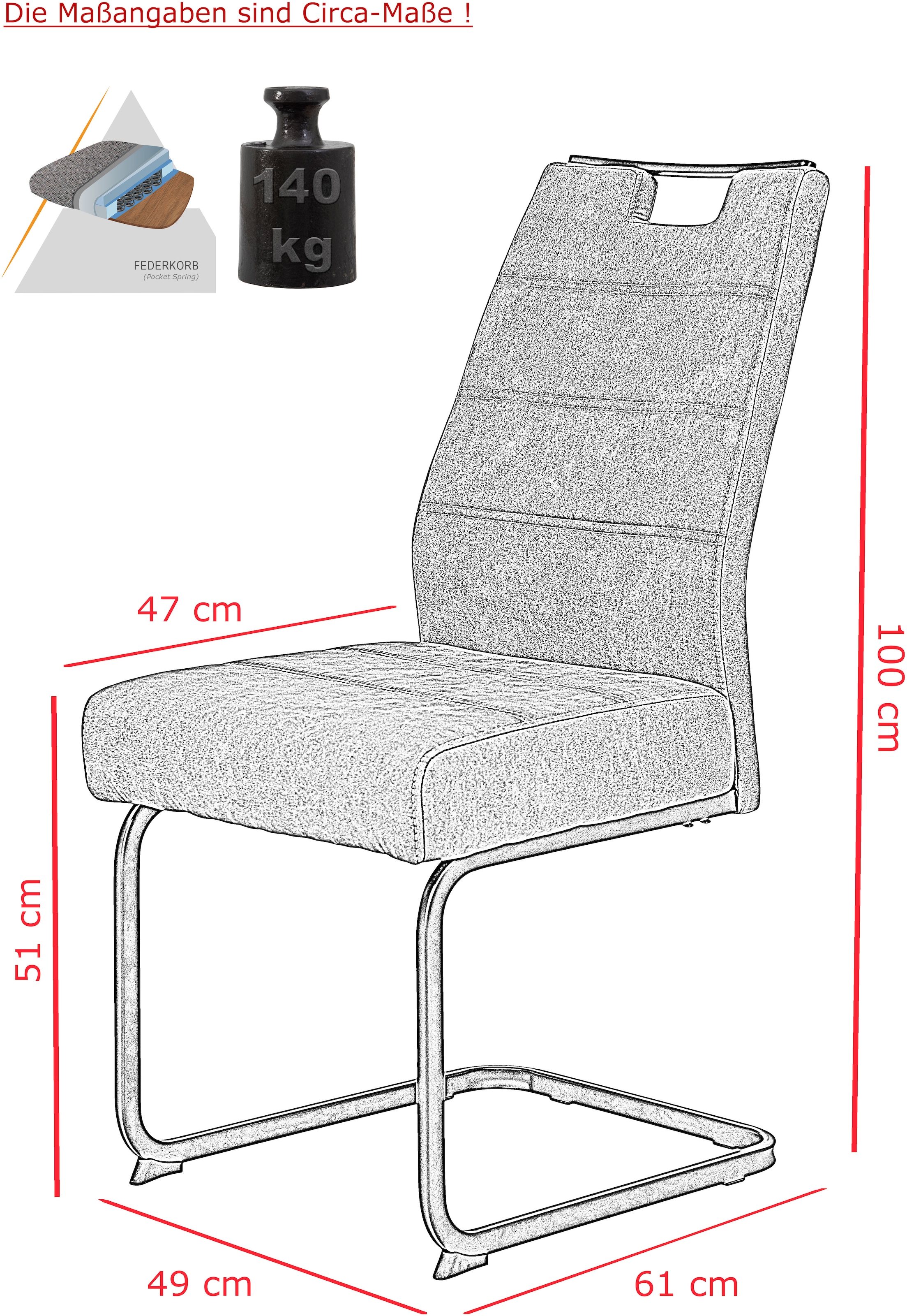 HELA Chaise cantilever »KERTIN« (Ensemble) 1 cuisLargeur d'assise XL, poignée, panier à ressort, charge max. 140kg