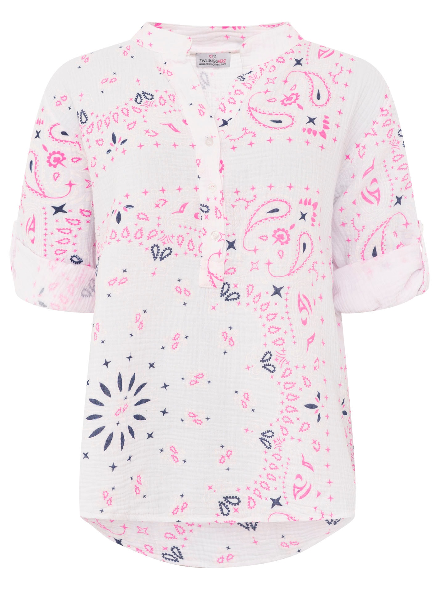 Zwillingsherz Blouse à manches courtes »"Paisley Dreams"« mousseline, motif paisley, manches retroussées, col en V avec patte de boutonnage