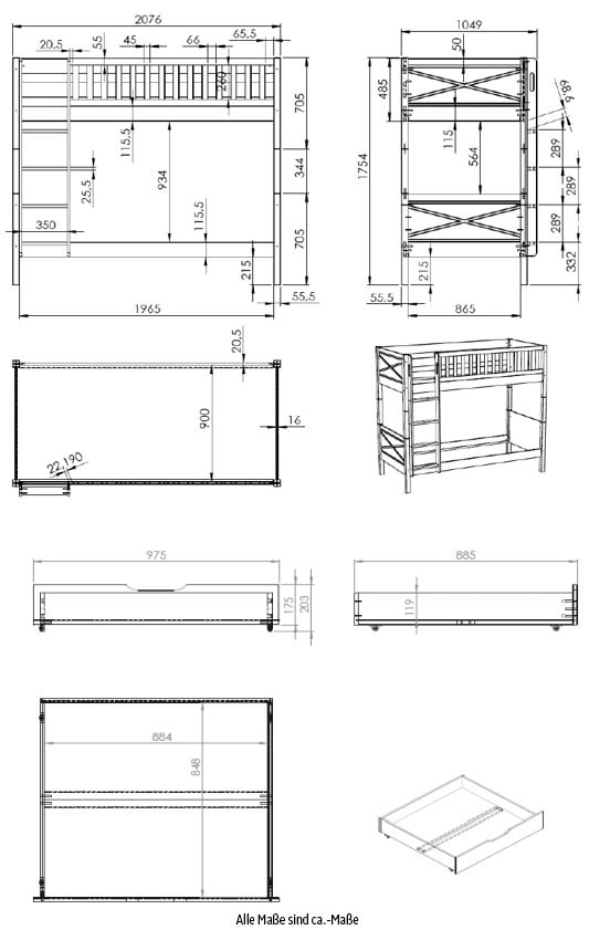 Vipack Lit superposé »Scott, Kiefer massiv, stabil gebaut, Made in Europe, Landhaus-Optik« L/H/P env. 208x175x105 cm, avec sommiers à lattes déroulables, échelle, protection anti-chute,  au choix avec 2 petits ou 1 grand tiroir de lit sur roulettes