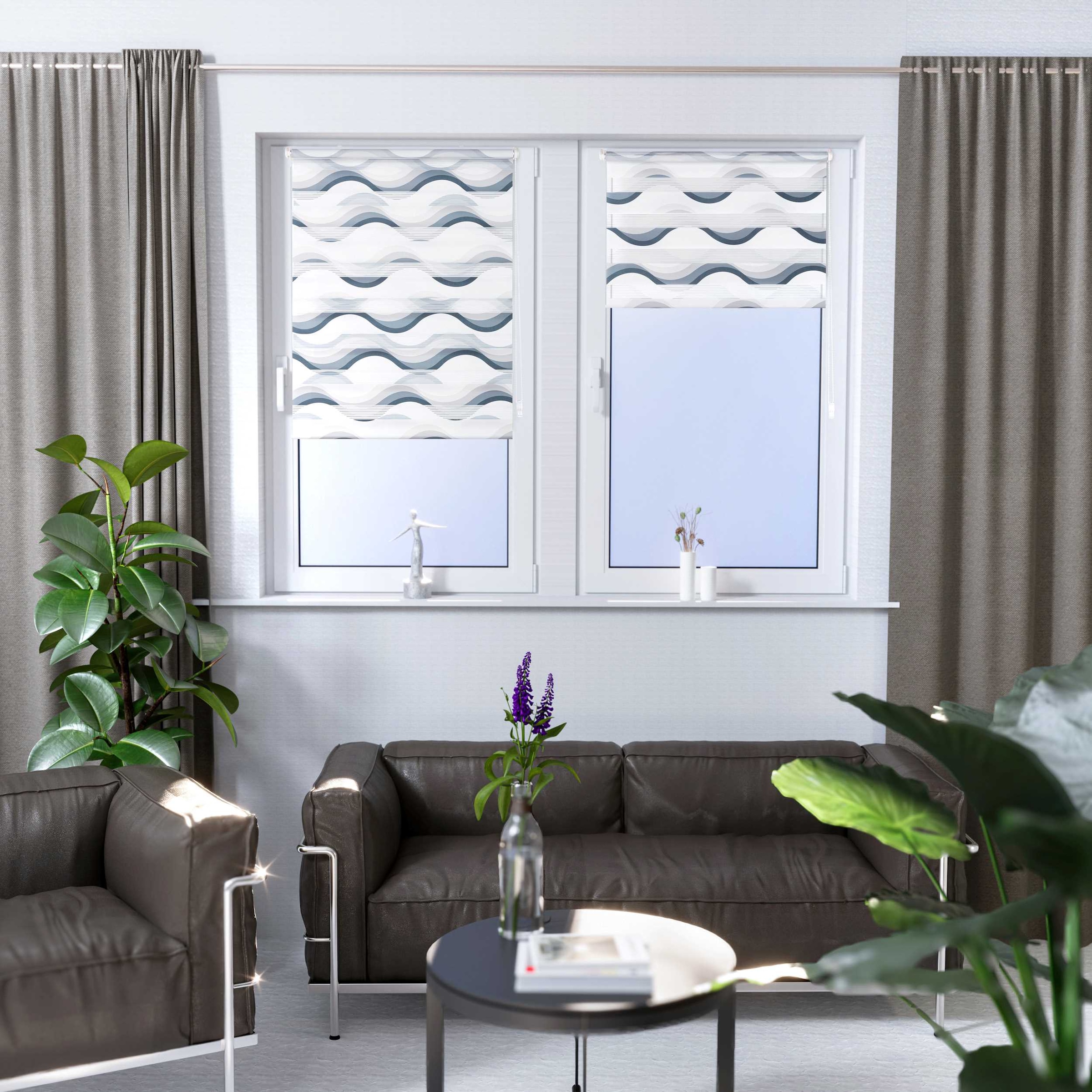 K-HOME Store double »Wellen Design« protection contre la lumière protection visuelle Aucun perçage requis suspendu librement imprimé avec motif