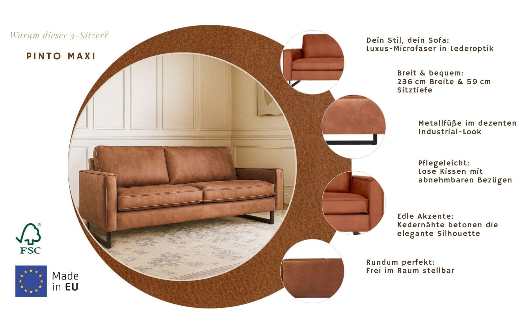 Home affaire 3-Sitzer »Maxi-Ausführung Pinto, 236 cm, Cord, Chenille, Lederoptik« mit Keder, schwarze Metallfüsse, Wellenunterfederung