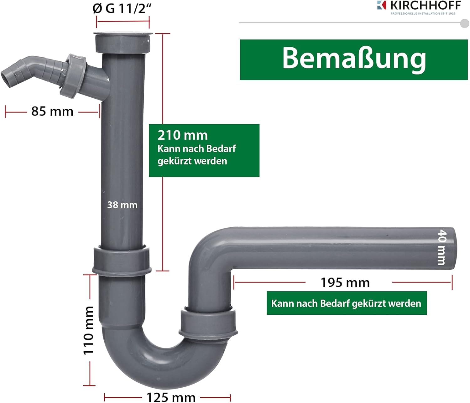 Kirchhoff Siphon »ECO-SAVE« Set,  KS Spültisch-Röhrensiphon, 1 1/2"IG x 40 mm, mit 3/4" Geräteanschluss