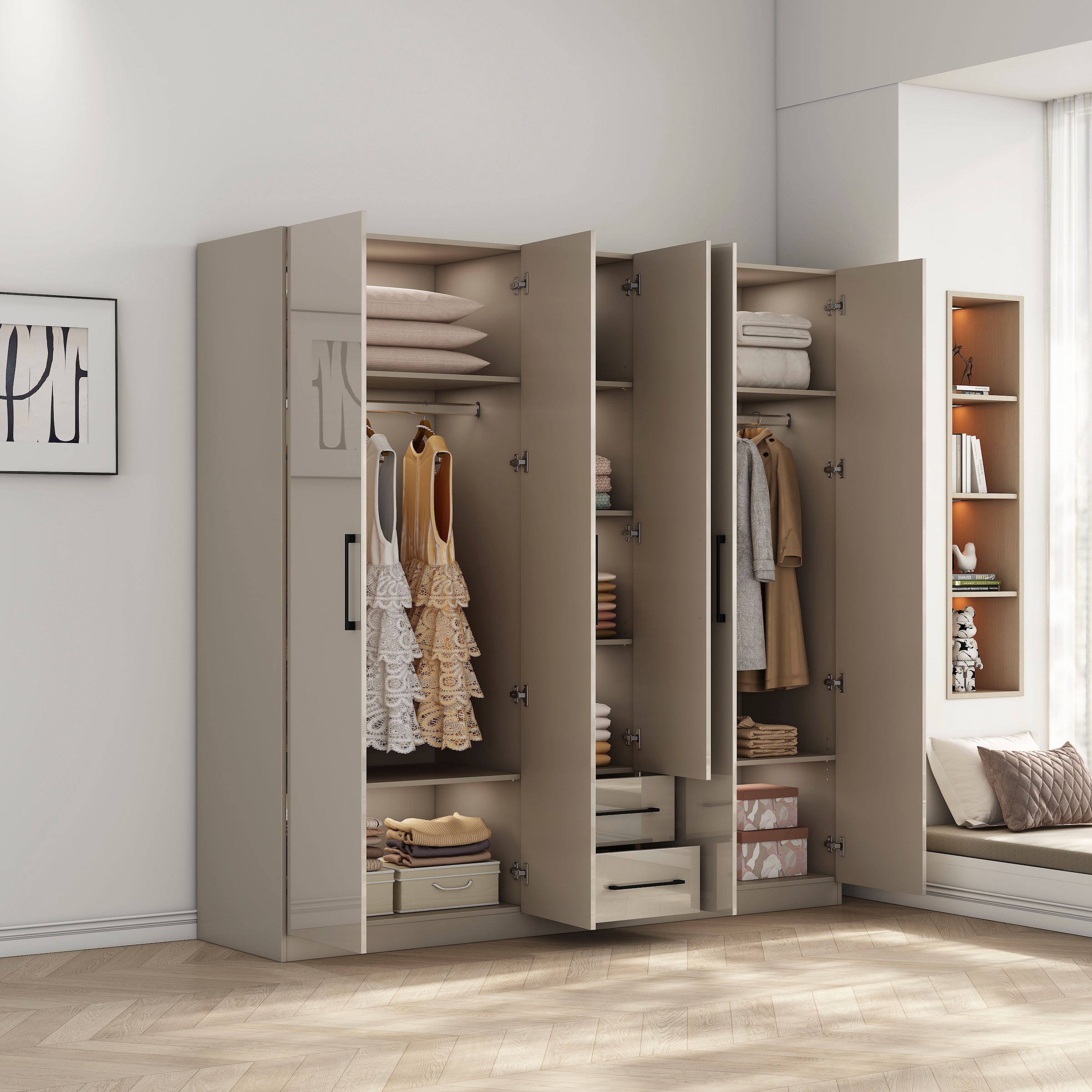 GOODproduct Armoires à vêtements »Sylt Schlafzimmerschrank Garderobe Schrank  in hochglanz weiss« 5 portes, 2 tiroirs, poignées noires modernes, 7 étagères,  Armoire à portes tournantes avec aménagement intérieur parfait, largeur 200cm