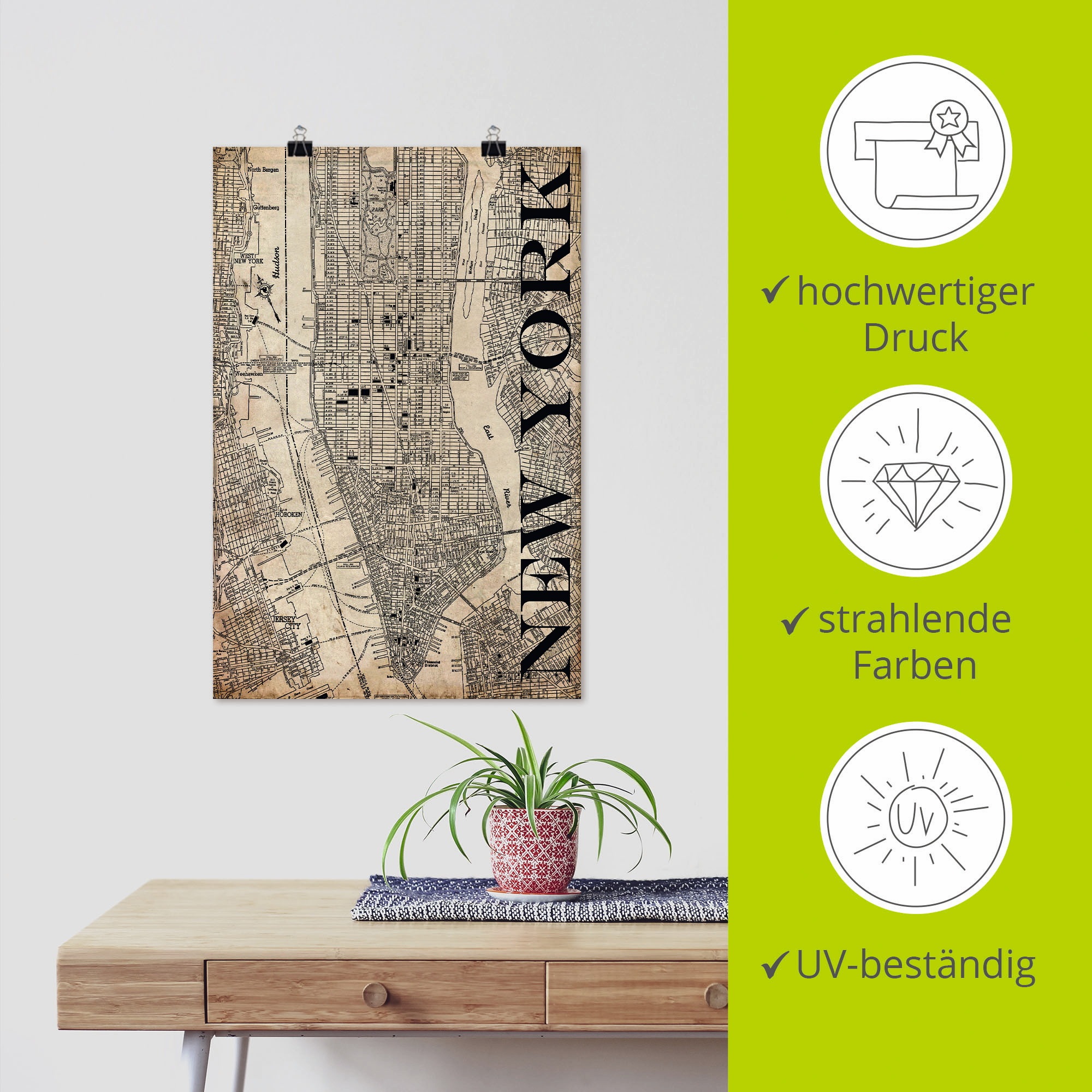 Artland Wandbild »New York Karte Strassen Karte Grunge« Amerika 1 Stk. tlg. als Leinwandbild, Poster in verschied. Grössen