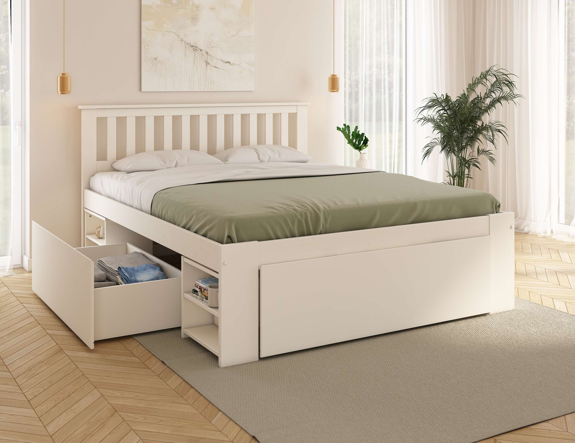 GOODproduct Lit en bois massif »Kallvin, platzsparend, 3 Bettkästen, Nachtschränke ausziehbar« comprend un sommier à lattes, 3 coffres de lit, certifié FSC®