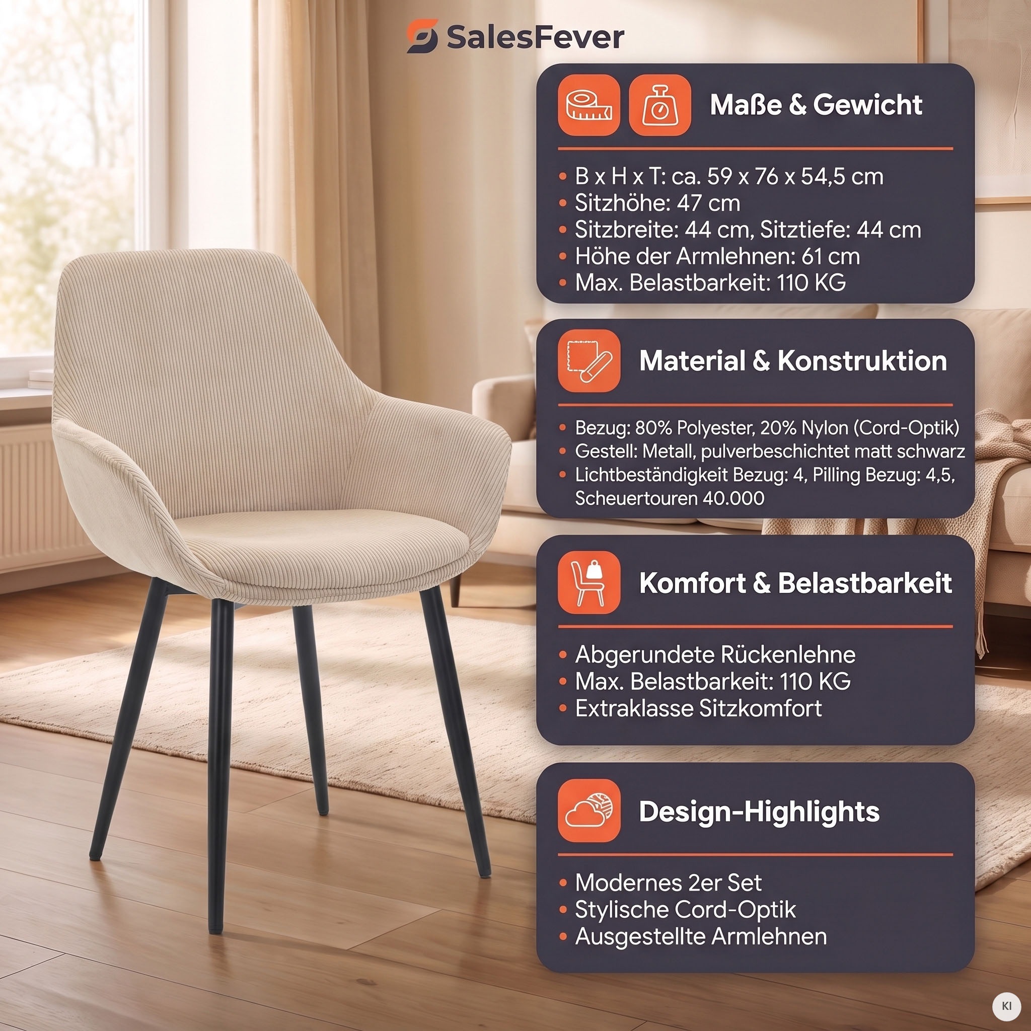 SalesFever Chaise avec accoudoirs »Komfortabler Esszimmerstuhl im zeitlosen Design« (Ensemble) 2 cuisrevêtement aspect velours côtelé