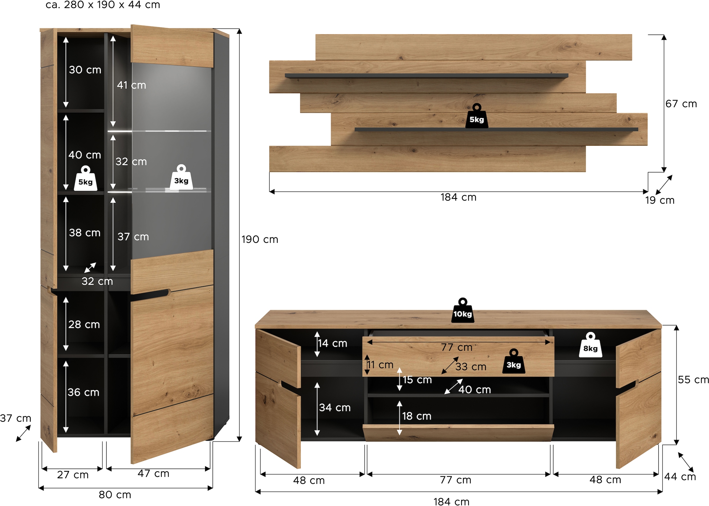 INOSIGN Meuble mural »REHAT, TOPSELLER!, 3-teilig, Breite 280 cm, inklusive Beleuchtung« Set inkl. Beleuchtung, bestehend aus: Vitrine, Lowboard und Wandboard, 5 cuis tlg.