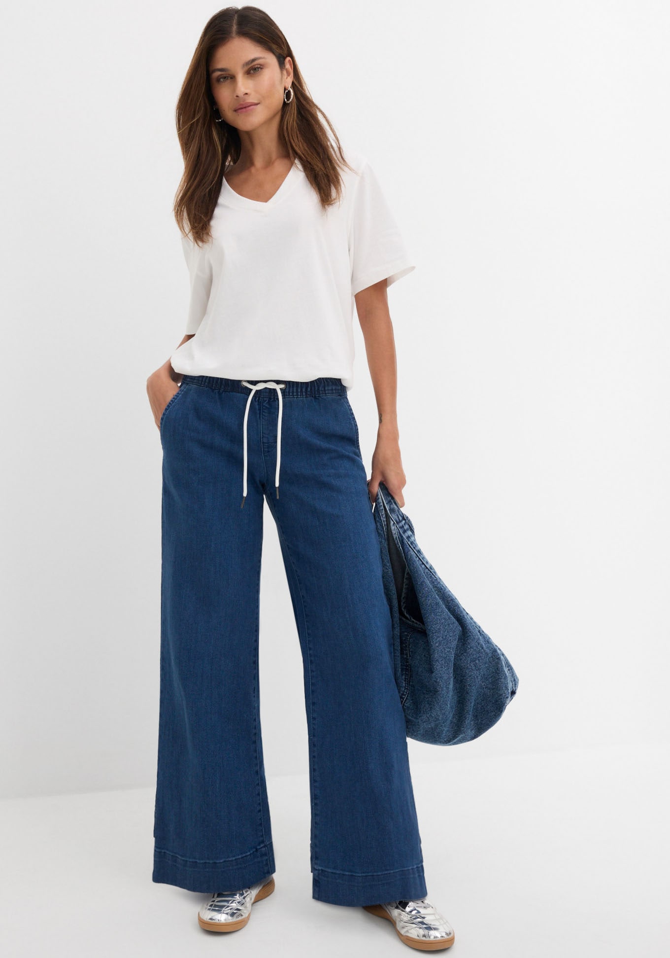 bonprix Jeans large »Wide Leg Jeans Mid Waist, Stretch« Loose Fit Passform, mit elastischem Bund und Tunnelzug