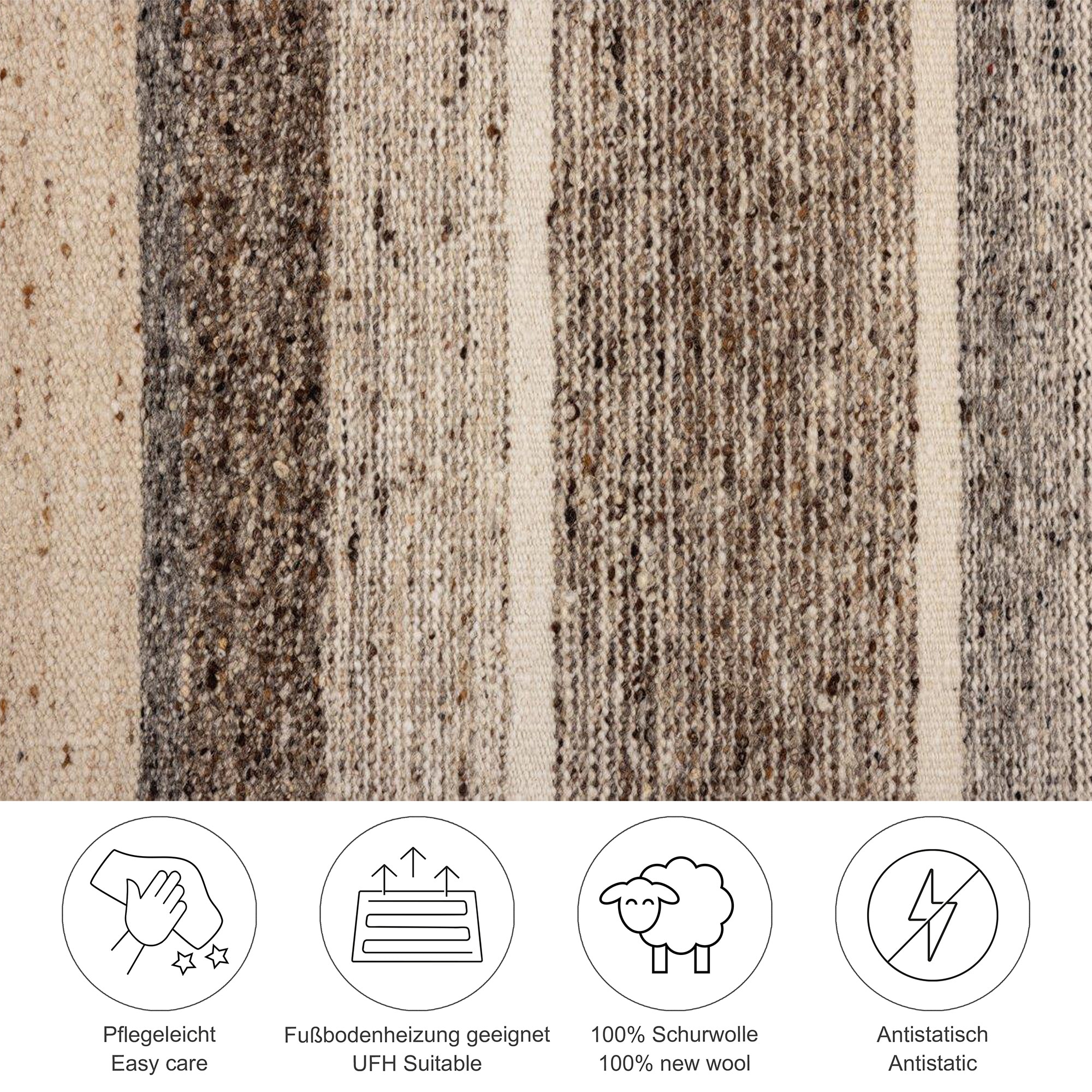THEKO Wollteppich »Ehrwald TK-155« rechteckig 12 mm Höhe Wendeteppich, besonders flach, reine Wolle, handgewebt, gestreift
