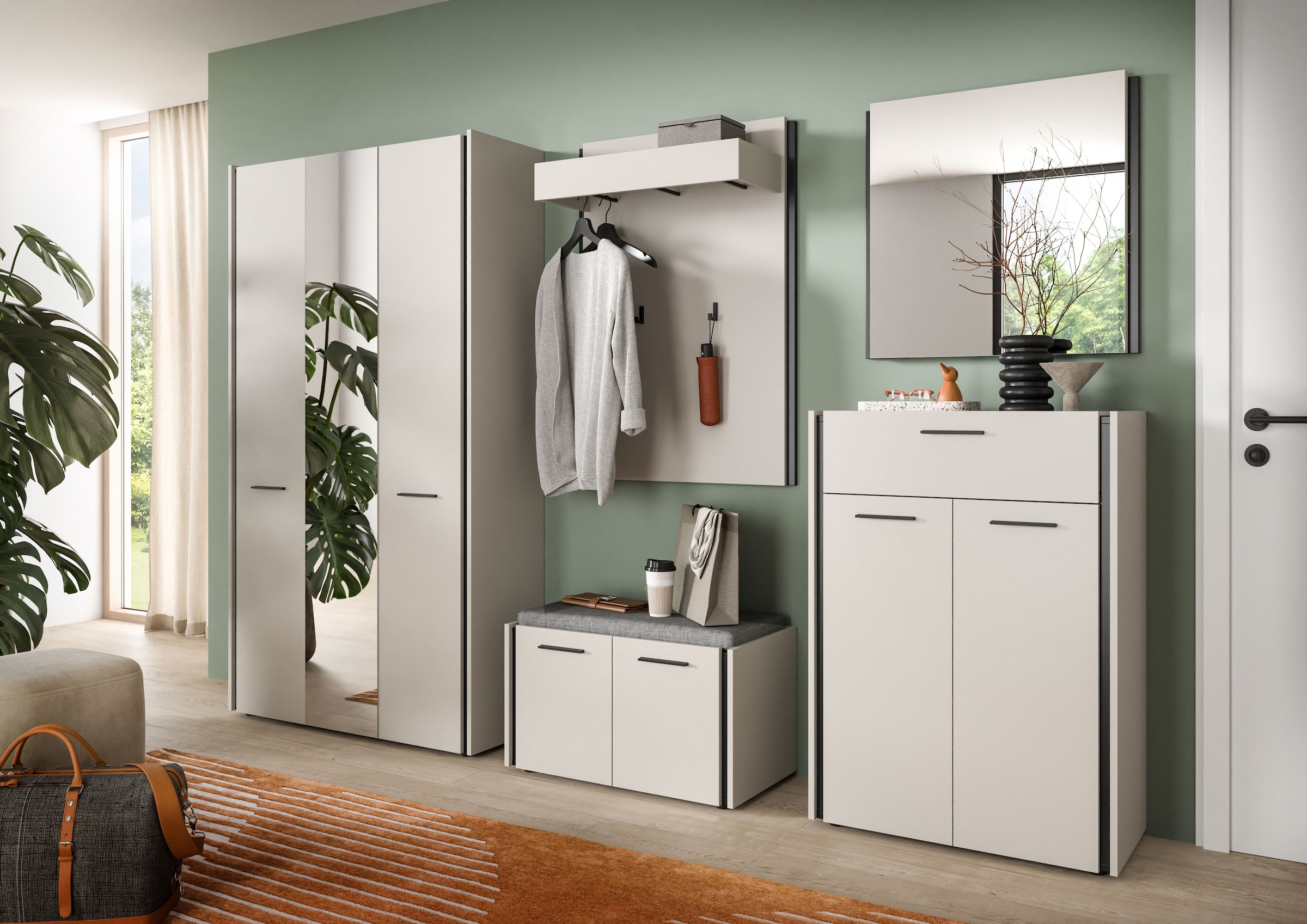 Home affaire Ensemble de vestiaires »RAK, 6-teilige Garderoben-Kombi inkl. Sitzkissen, Breite ca. 287 cm« Garderobenschrank, Sitzbank, Garderobenpaneel, Schuhkommode, Spiegel, 6 cuis tlg.