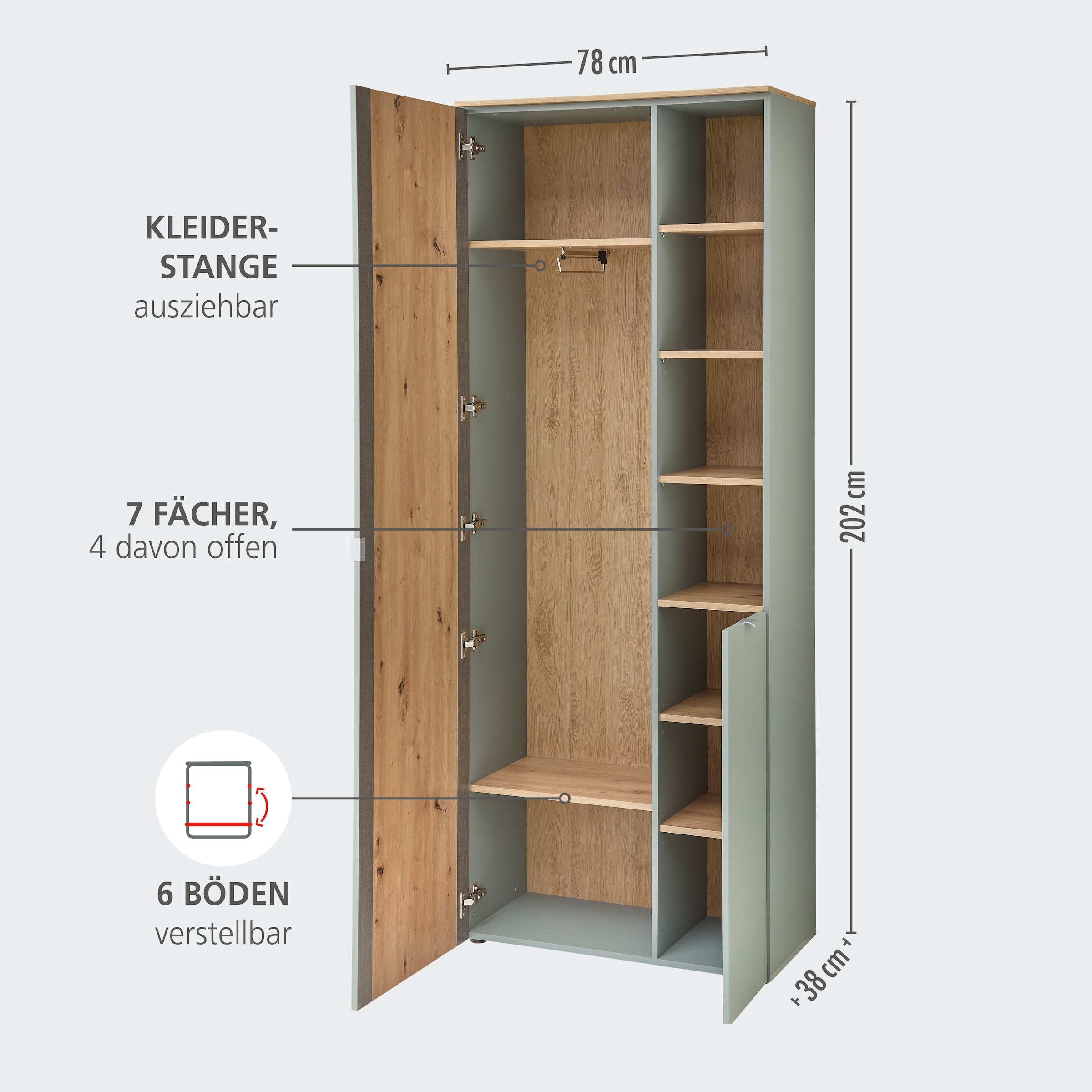 Innostyle Garderobenschrank »BARI Garderobenschrank mit Spiegel,  BxHxT 78x202x38 cm« 1 Stk. tlg. 2 türig, 10 Fächer, Softclose, ABS Kantenschutz, Kleiderstange