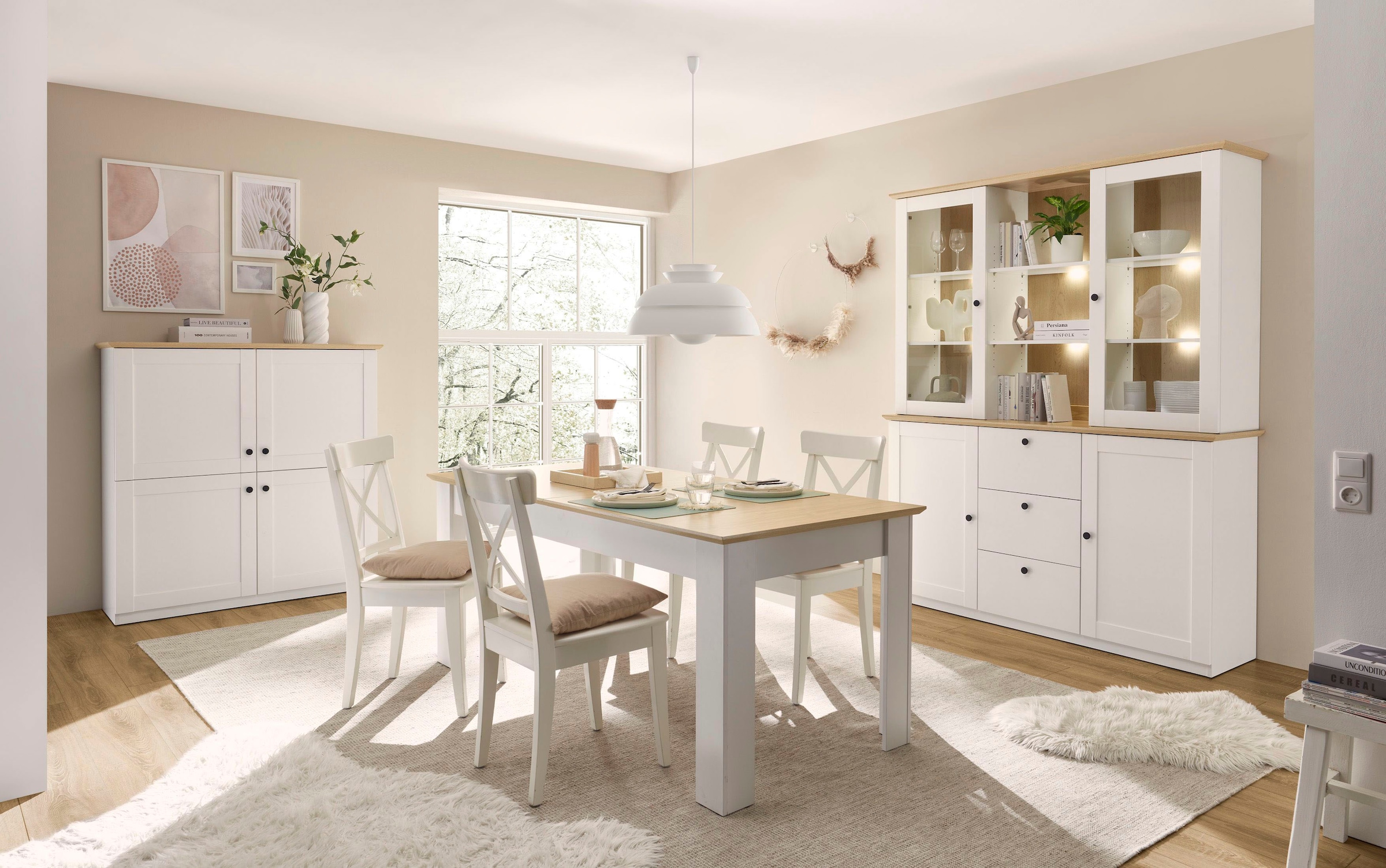 GOODproduct Buffet »Brest, Hochschrank im Landhausstil, Schrank, Küchenschrank« schwarze Metallgriffe, viel Stauraum, Glastüren, 164 cm breit