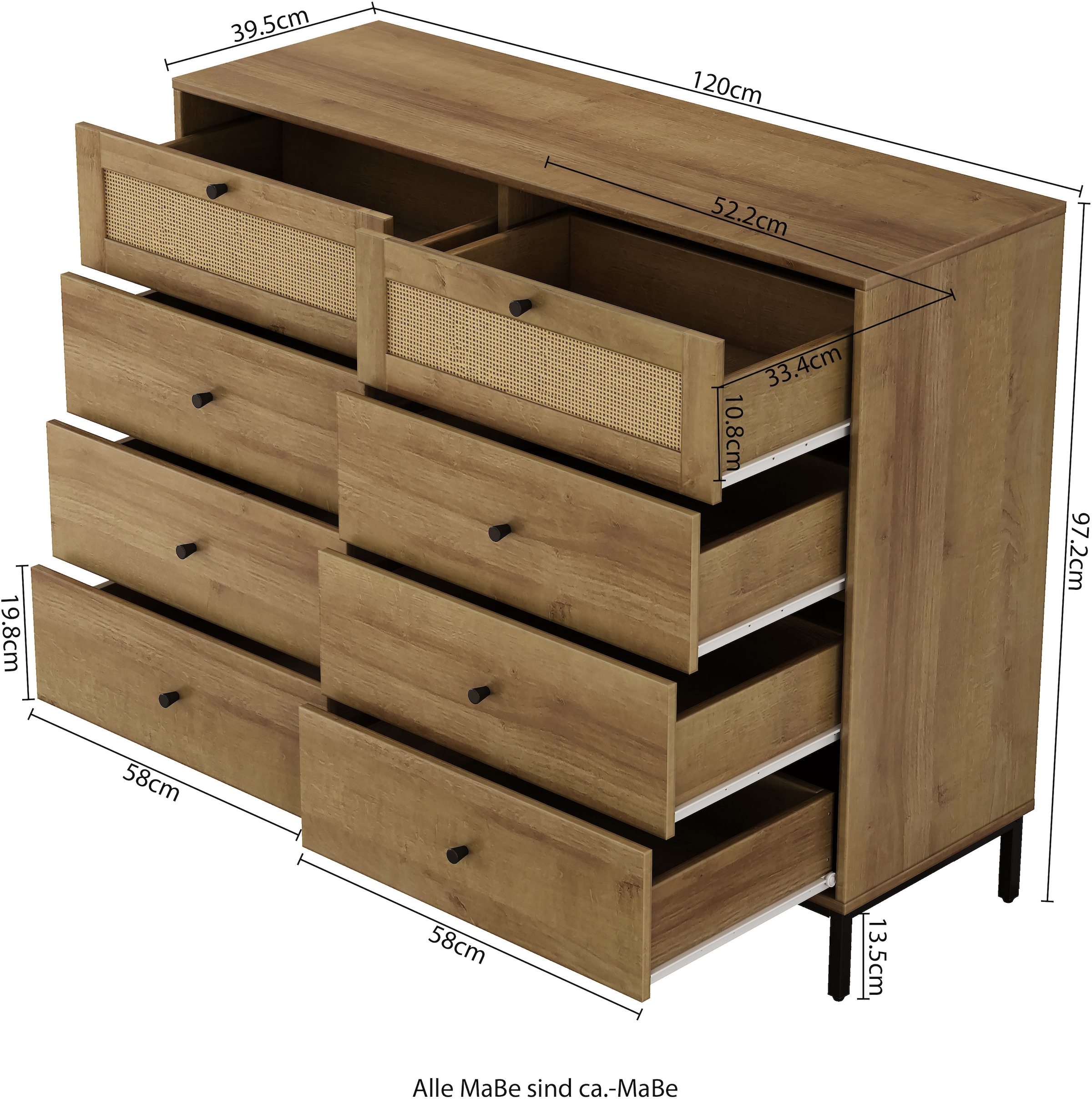 GOODproduct Kombikommode »Motala Wäsche Schrank mit 8 Schubladen Sideboard BOHO Design« Eichen-Design mit schwarzen Griffen und Geflecht Schubladen, 