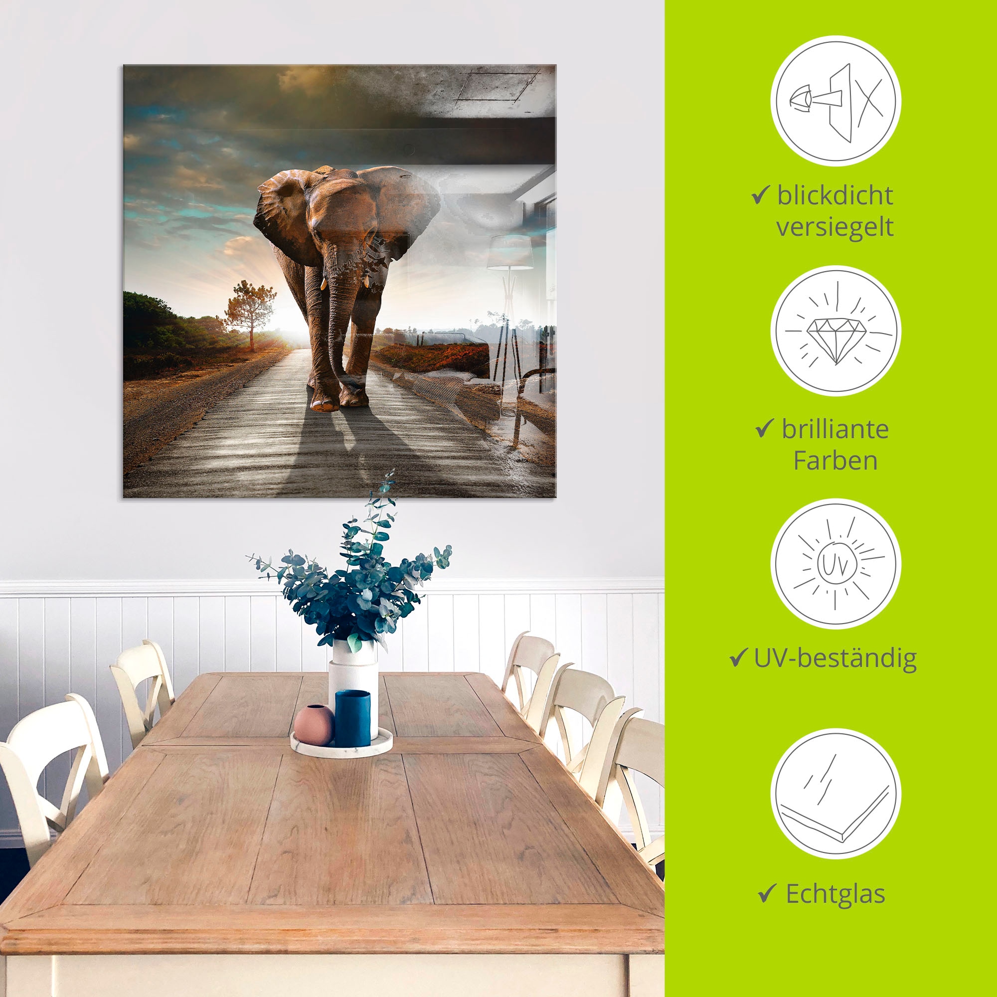 Artland Tableau en verre »Ein Elefant läuft auf der Strasse« 1 cuis tlg. in verschiedenen Grössen