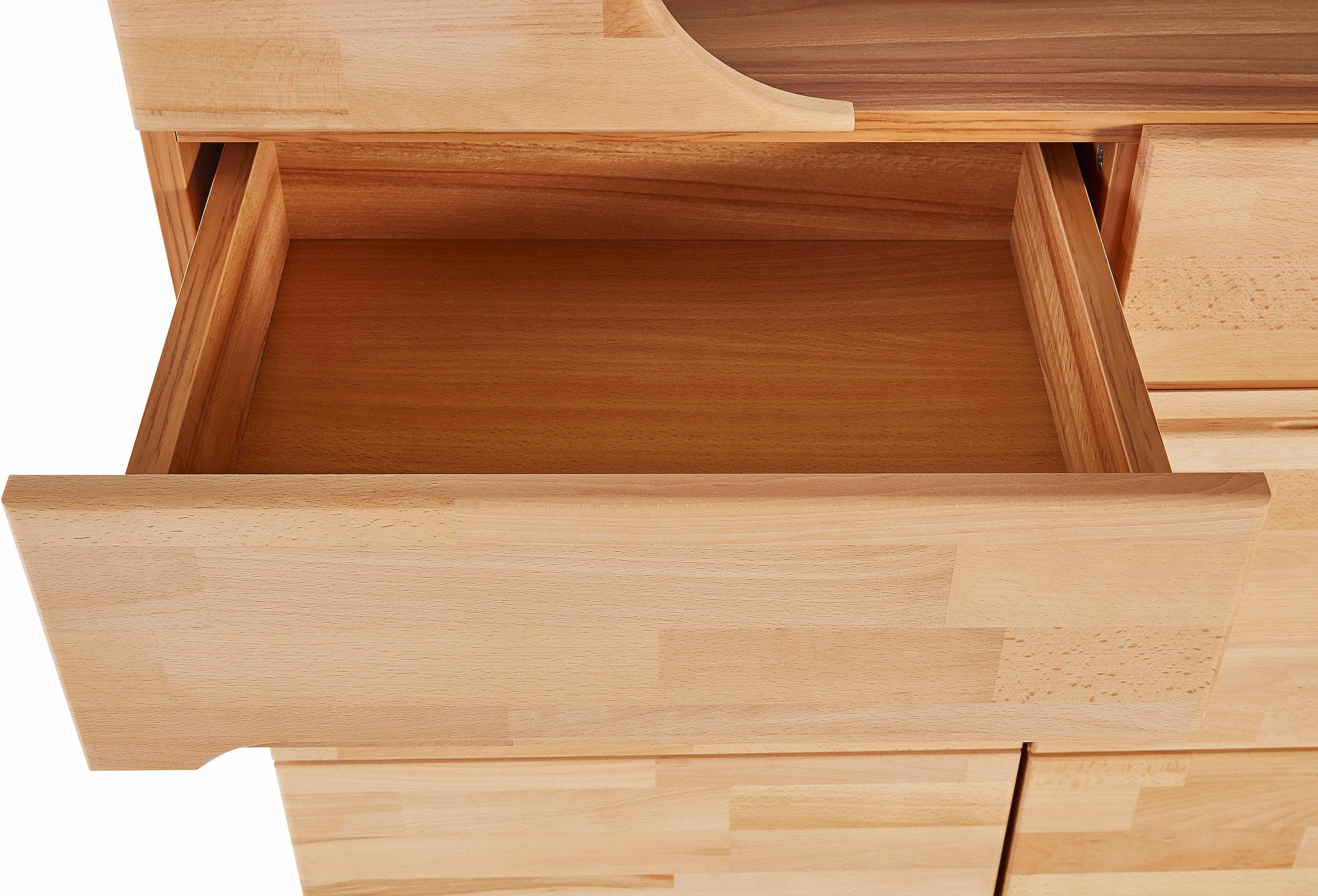 GOODproduct Sideboard »Vetro,200cm breit,40 cm tief,4 Schubladen Oberplatte aus Glas« Kernbuche massiv, Holzwerkstoff, 4Türen,4 Schubladen, Griffmulden