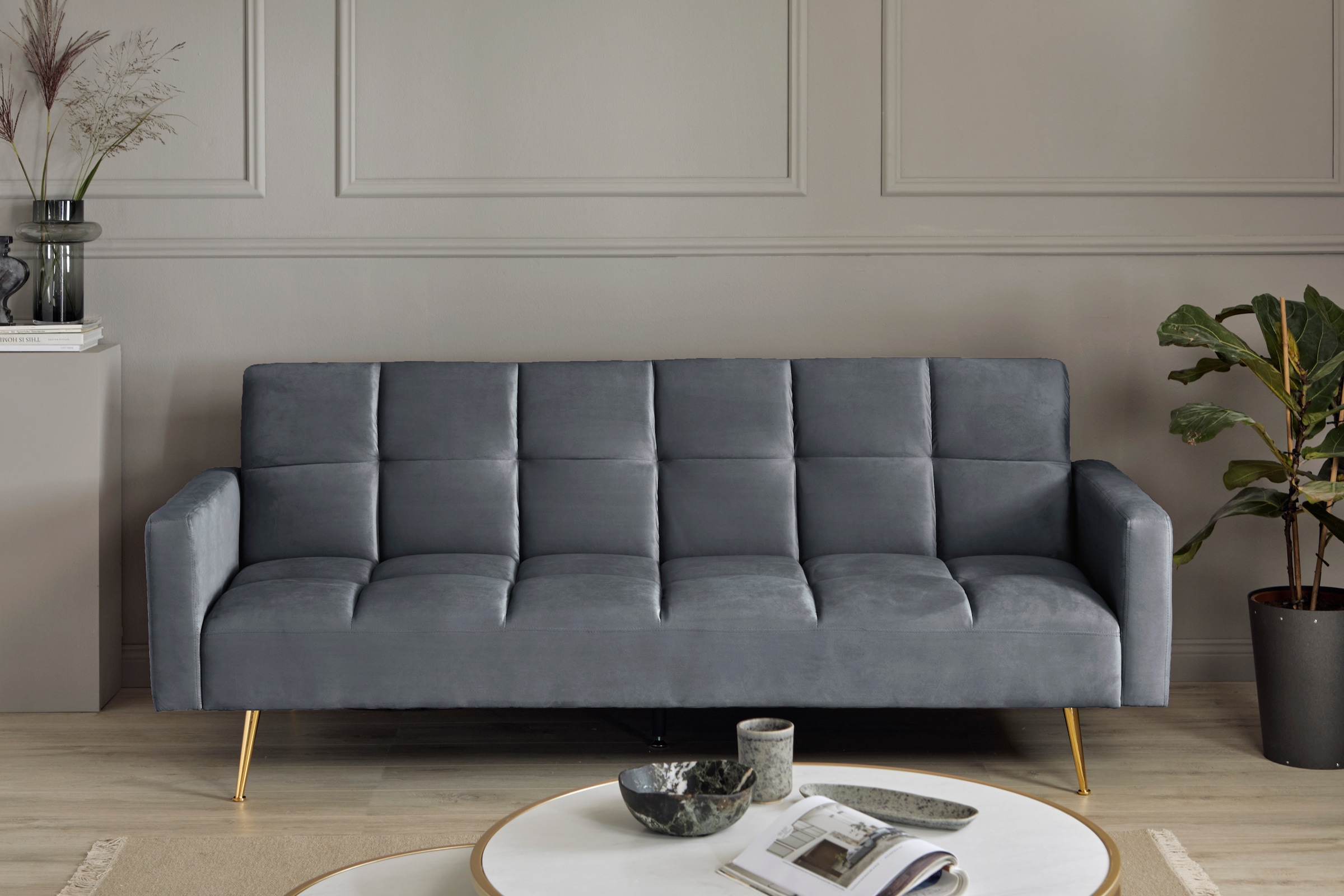 Jahnke Schlafsofa »CHILLAX POSH« mit Schlaffunktion, edler Samtstoff & Füsse im Gold-Look, Breite 213 cm