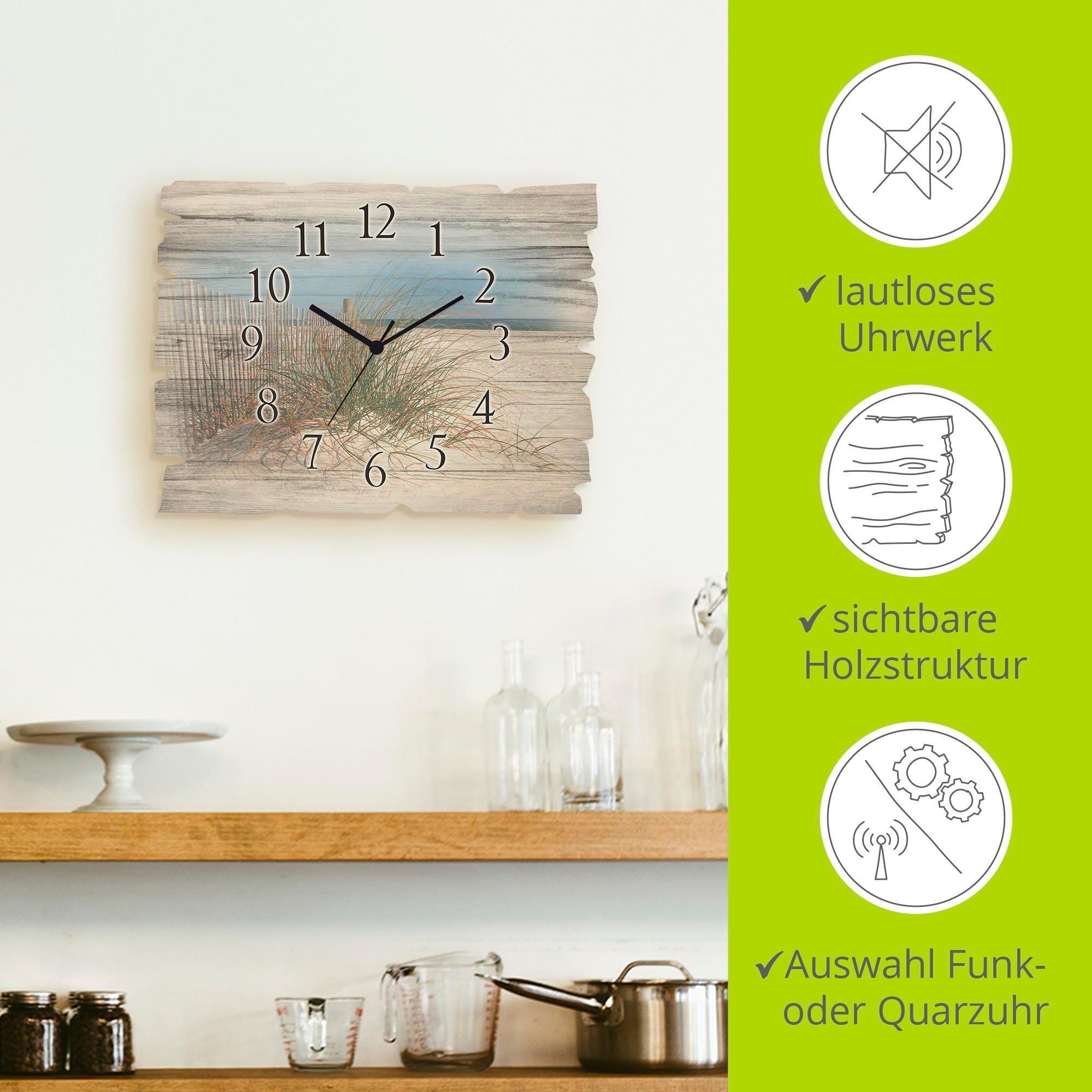 Artland Horloge murale »Schöne Sanddüne mit Gräsern und Zaun« wahlweise mit  Quarz- oder Funkuhrwerk, lautlos ohne Tickgeräusche