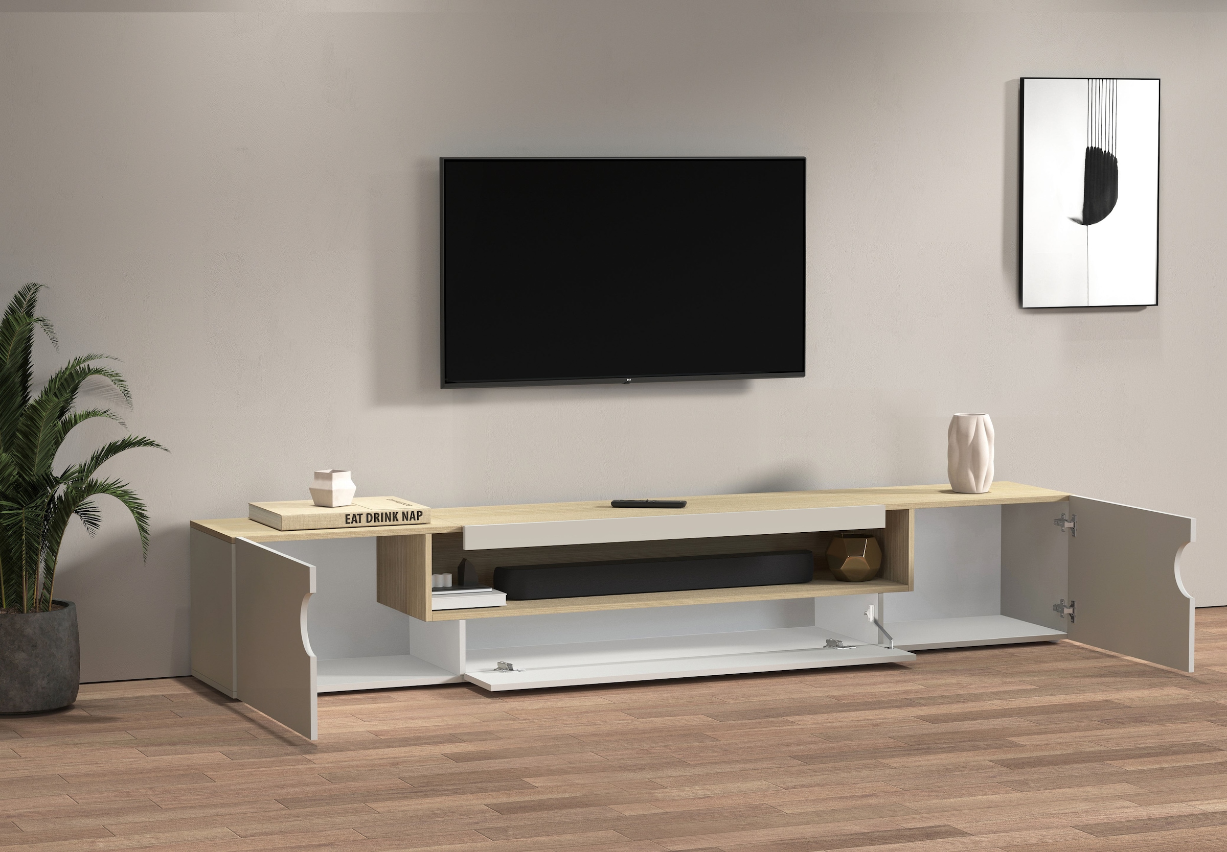 INOSIGN Table basse »REAL TV-Möbel, 240 cm breit, 40/60 cm hoch, Hochglanz oder matt« mit 2 abgerundeten Türen, 1 Klappe, die ein ovales offenes Fach bilden