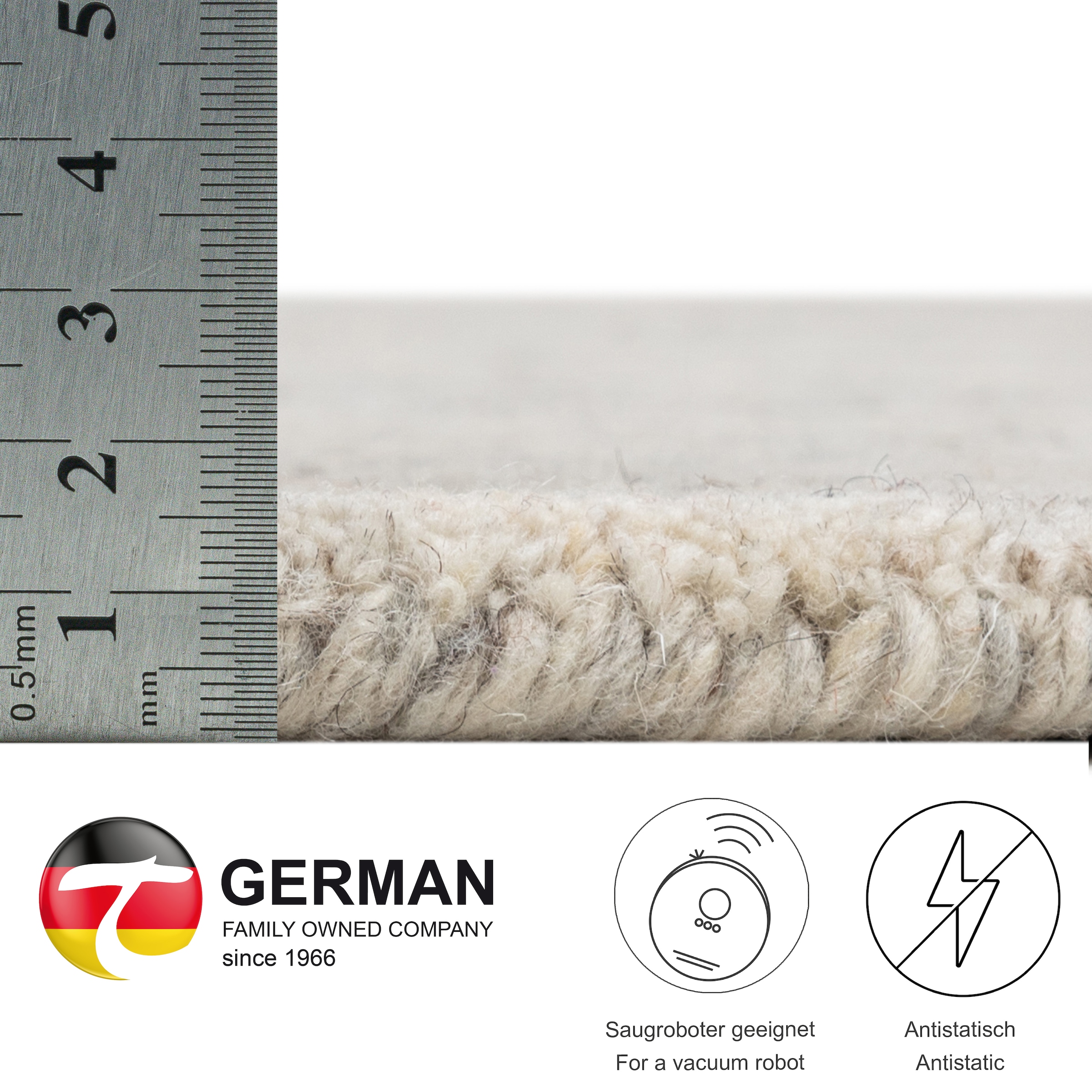THEKO Tapis en laine »Pure UNI« Rond 14 mm Höhe Handwebteppich, meliert, reine Wolle, handgewebt