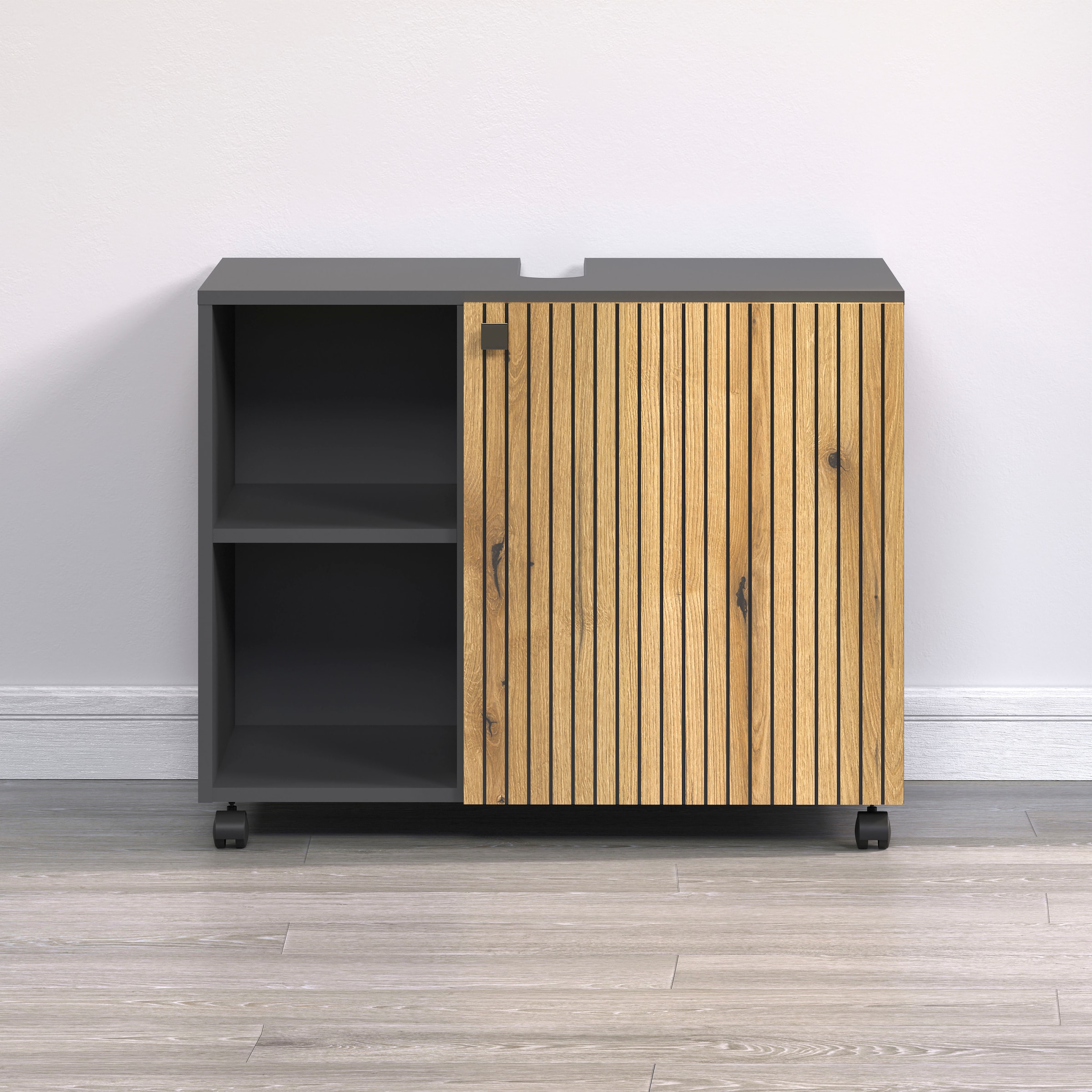 welltime Waschbeckenunterschrank »Amrum« BxHxT 80 x 64 x 42cm Waschbeckenunterschrank Eiche Rillenoptik