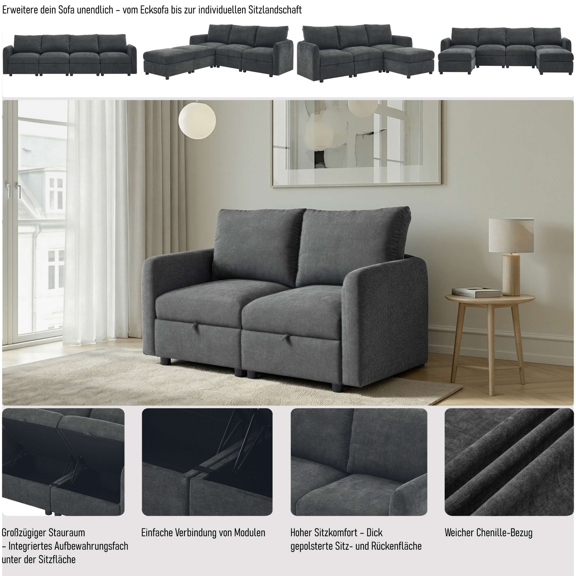 Dorel Home 2-places »STILHUS Modularsofa mit Stauraum, Breite 155 cm, Chenille-Bezug« peut être utilisé comme module ou séparément - combinable individuellement