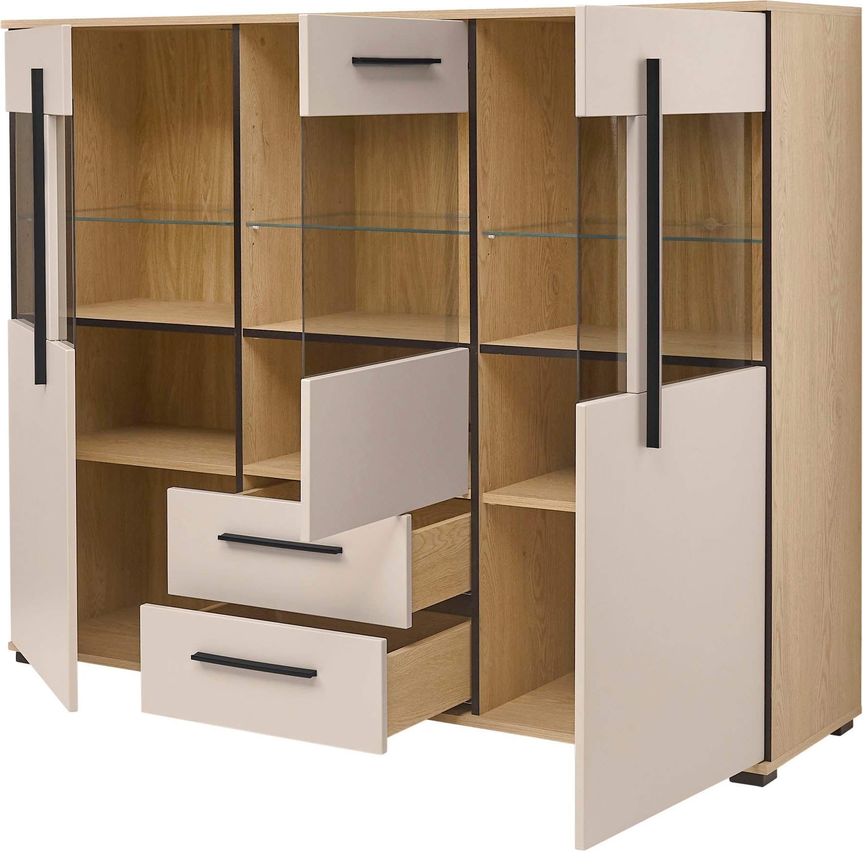 Home affaire Highboard »Cantara, moderner Schrank, Vitrine in Eiche Dekor, Weiss oder Kaschmir« schwarze Stangengriffe, ausreichend Stauraum, vielseitig einsetzbar