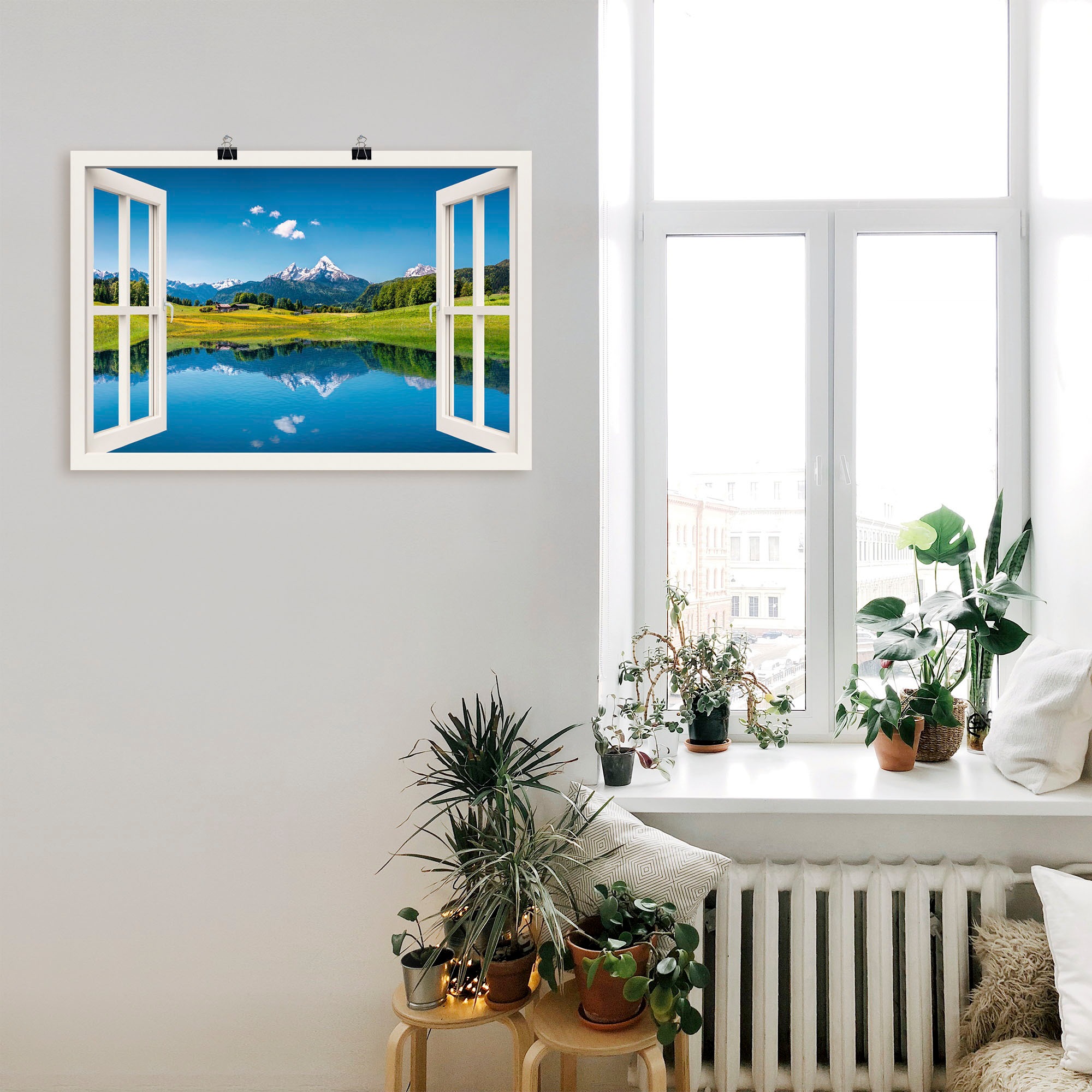 Artland »Fensterblick Alpen und Bergsee« Berge 1 Stk. tlg. als Leinwandbild, Poster in verschied. Grössen