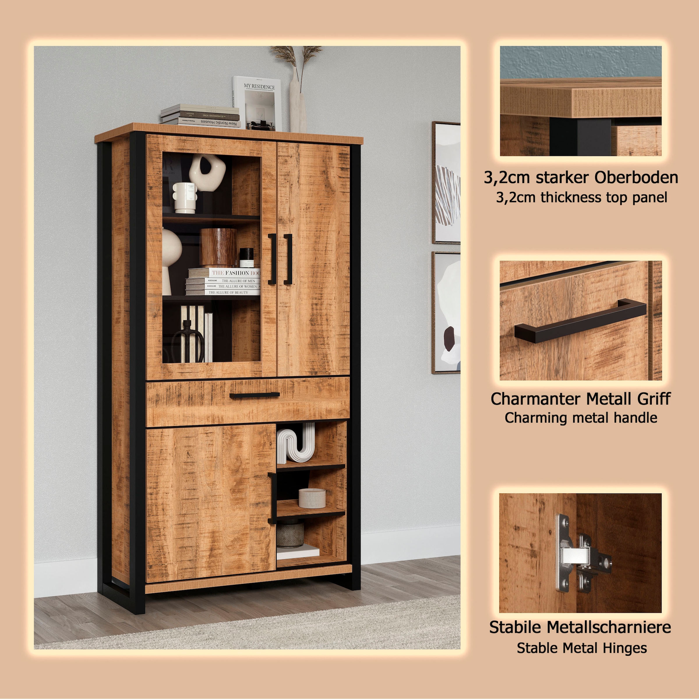 Home affaire Vitrines »Elda« 1 cuis tlg. Vitrine mit 3 Türen & 1 Vollauszug Schublade - (B/T/H) 106/45/195 cm