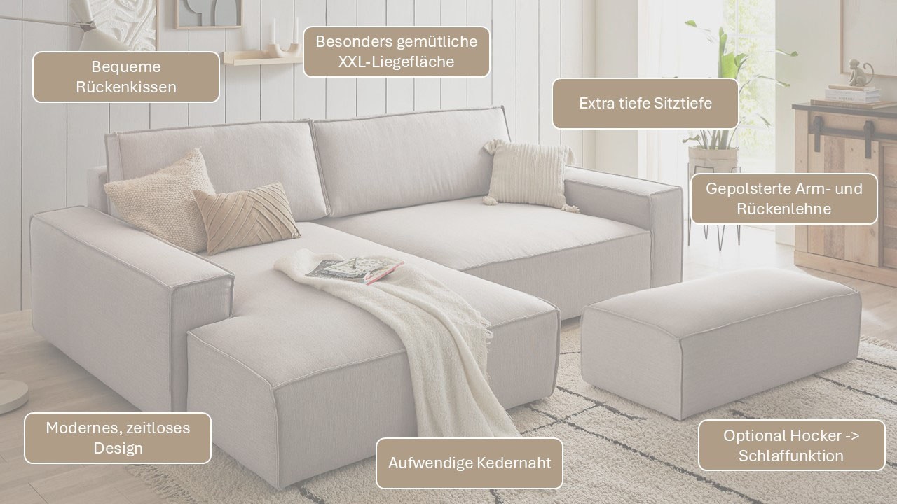 Home affaire Canapé d'angle »NEU: SHERWOOD XXL 284, Big-Sofa L-Form, tiefe Sitzfläche 95 cm, Cord« Recamiere rechts/links, als Schlafsofa stellbar, Cord u. Leinenoptik