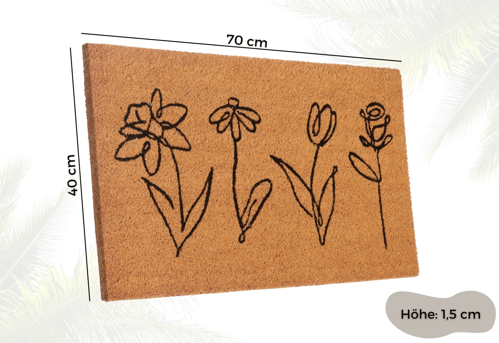 HANSE Home Tapis de sol »Kokos Line-Art Flowers, Türmatte« Rectangulaire 15 mm Höhe Schmutzfangmatte, Rutschfest, Outdoor, Innen, Aussen, Kokosmatte, Flur