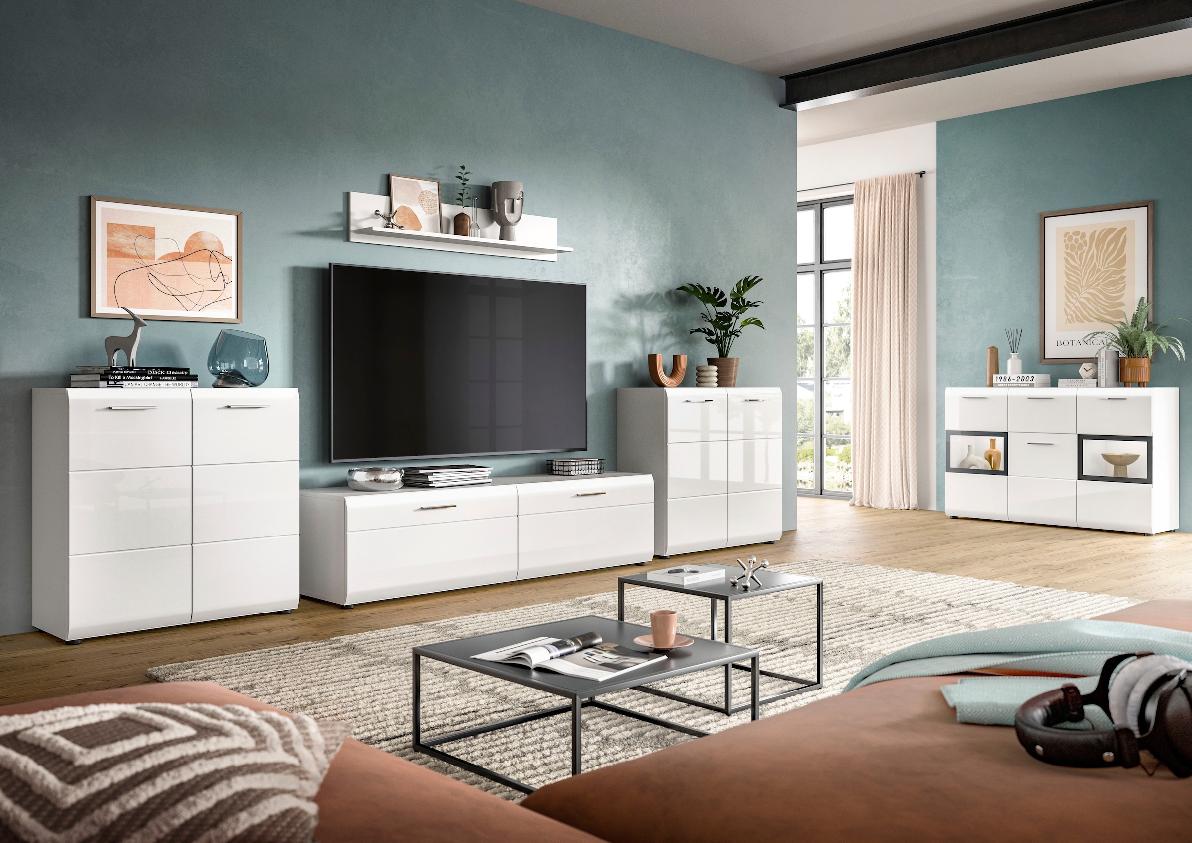 Home affaire Meuble mural »FLORENZ, 4-teilige Wohn-Kombination, hochwertige MDF-Front« Set, Set, best. aus: 2 Kommoden, 1 Lowboard, 1 Wandboard, 4 cuis tlg.