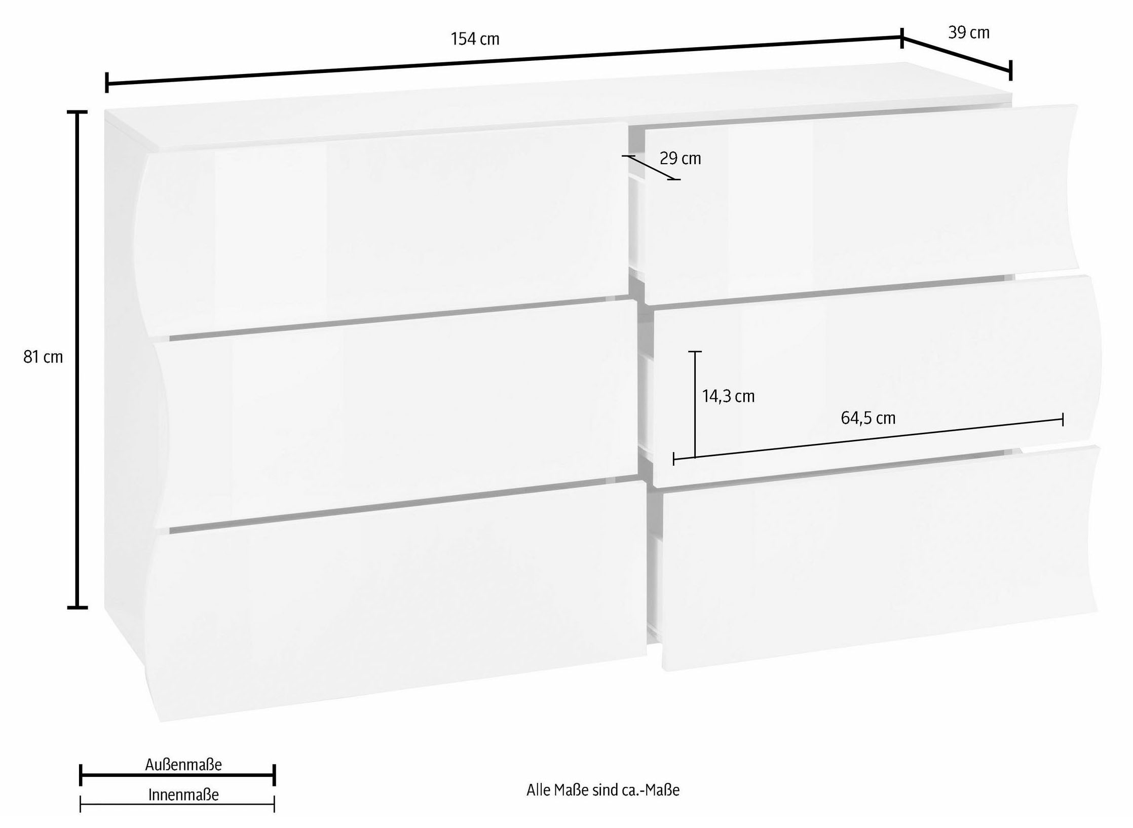 Home affaire Commode »Onda« Onda, largeur 154 cm, cachemire, avec 6 tiroirs, fabriqué en Italie