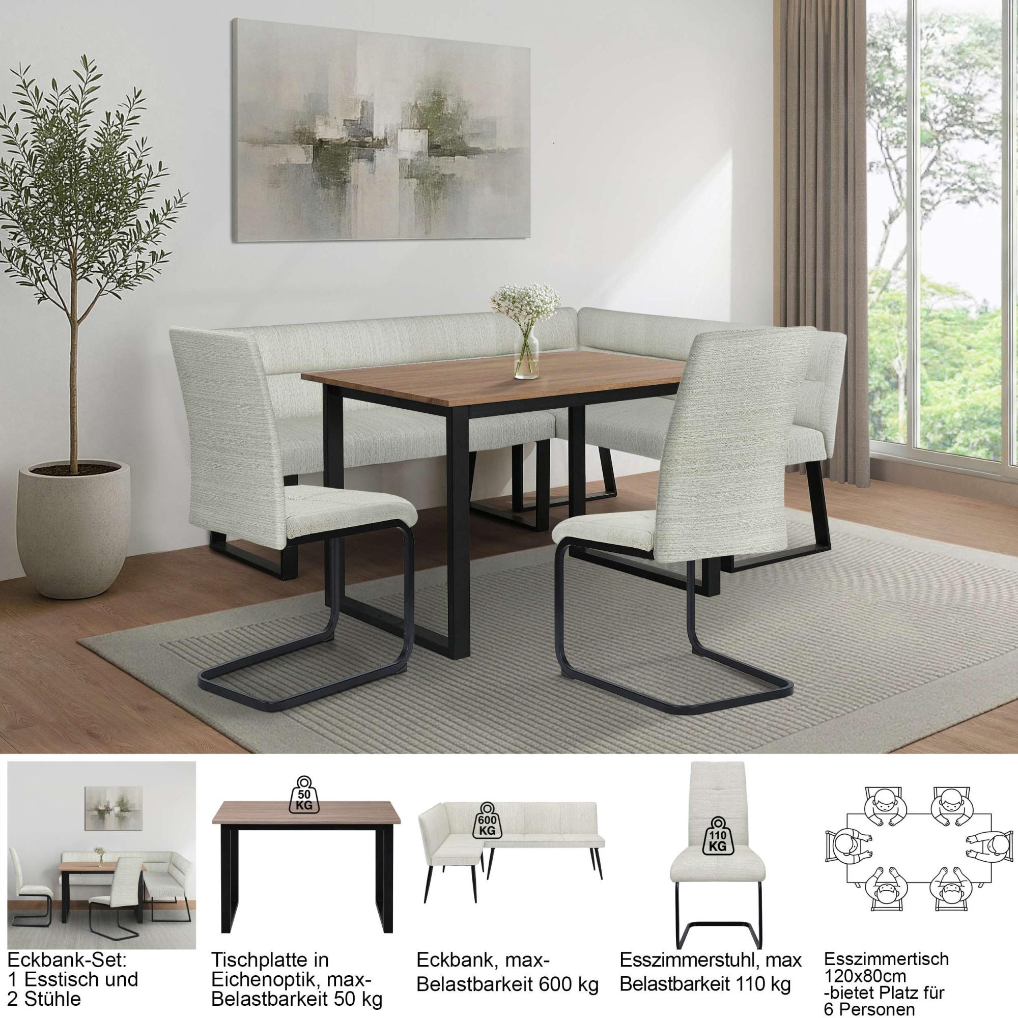 GOODproduct Ensemble de bancs d'angle »Barcell/Ivanna/Calgoty« Ensemble, Eckbankgruppe mit Tisch, Eckbank, Stühle, 4 tlg. Sitzgruppe, Eckbank und Stühle bequem gepolstert, Tisch 120x80 cm
