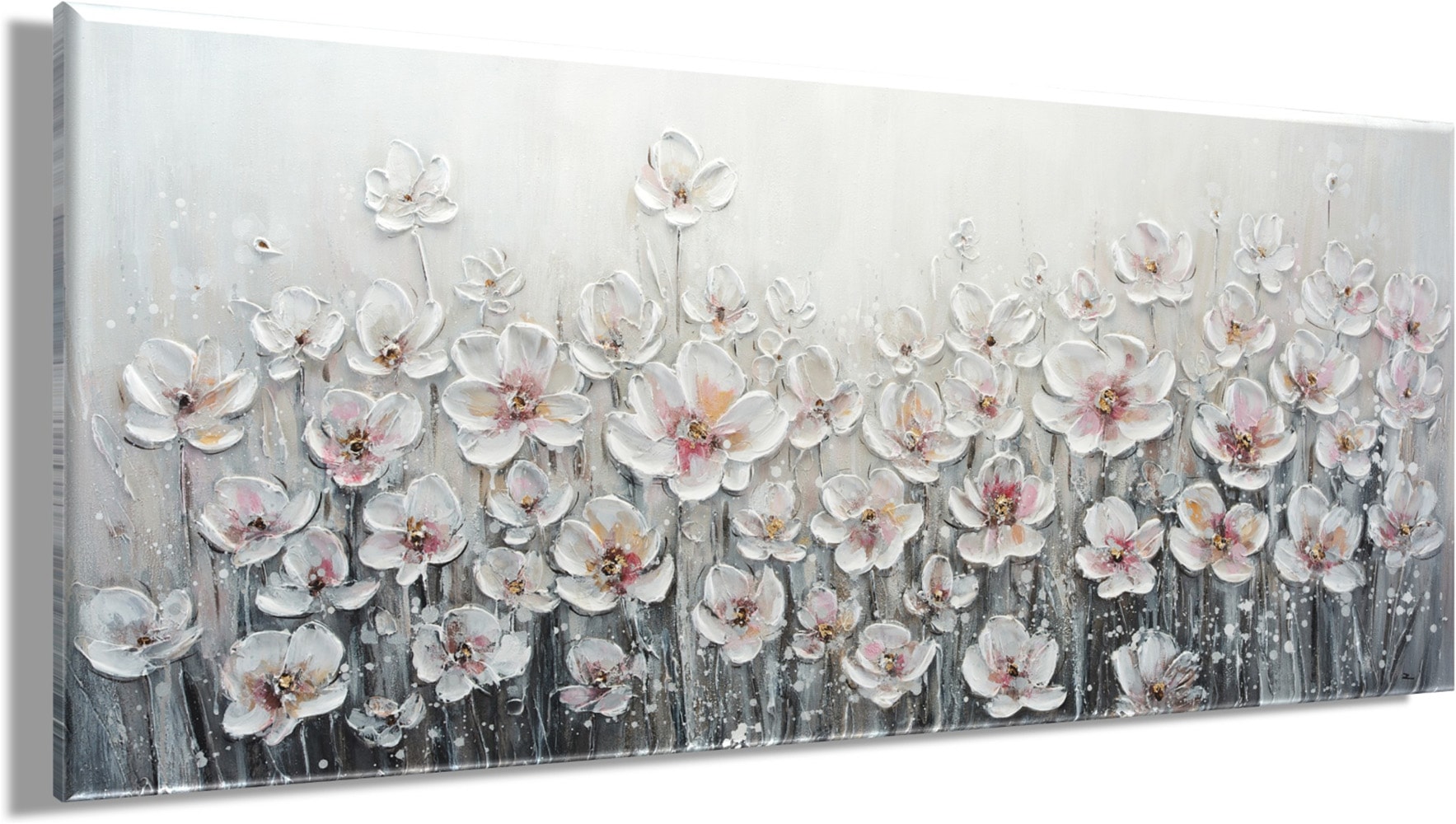 Bönninghoff Peinture à l'huile »handarbeit WEISSE BLUMEN XXL 60x140 cm – Wandbild Kunst Deko« Art | Fleurs | Images de fleurs | Plantes | Tableau 1 cuis tlg. fabriqué à la main, chaque image est unique