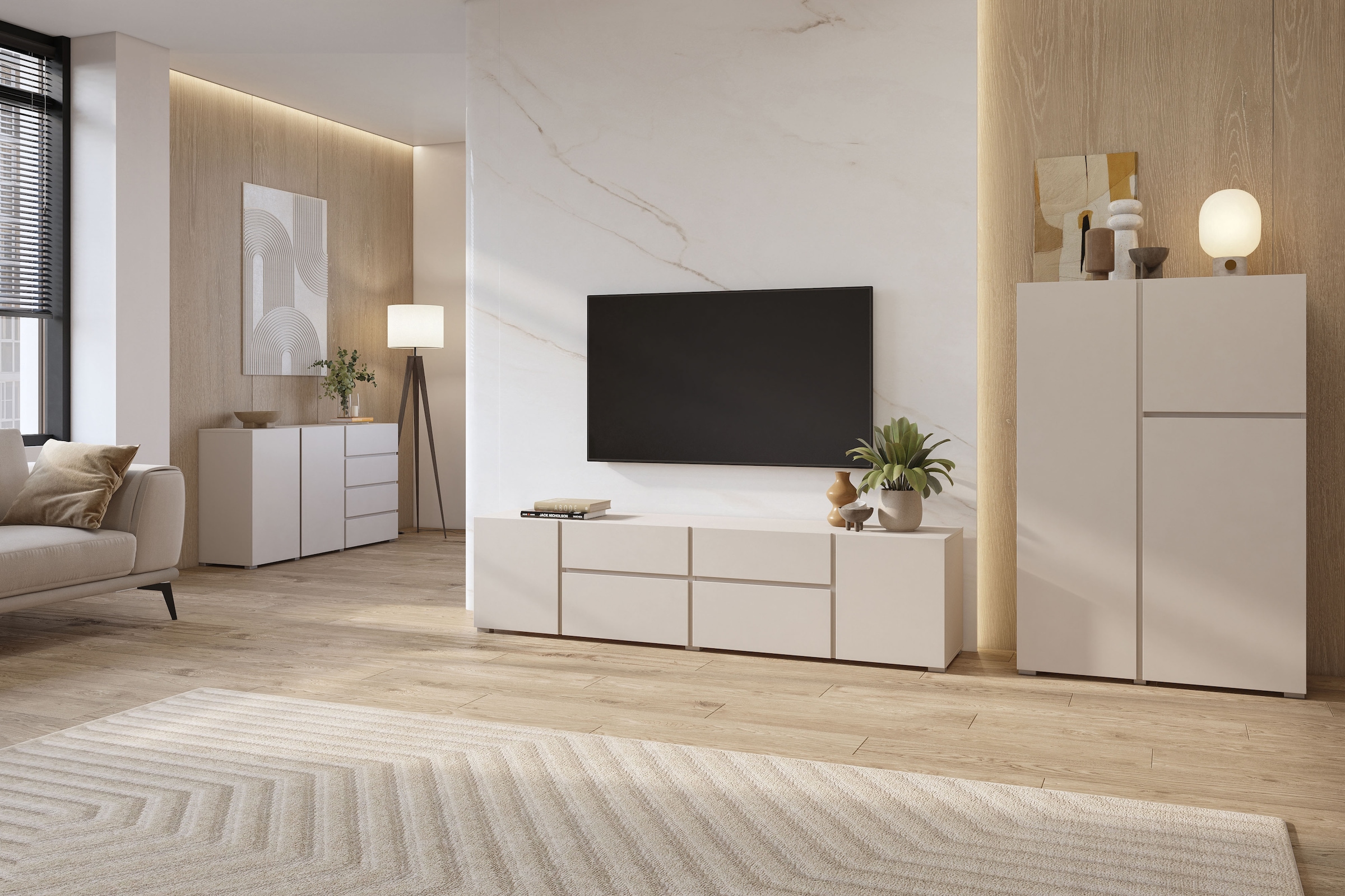 GOODproduct Sideboard »Metric,Breite 138 cm, grifflose Kommode 2 Türen/4 Schubkästen« Schubladenschrank mit viel Stauraum, Einlegeböden verstellbar