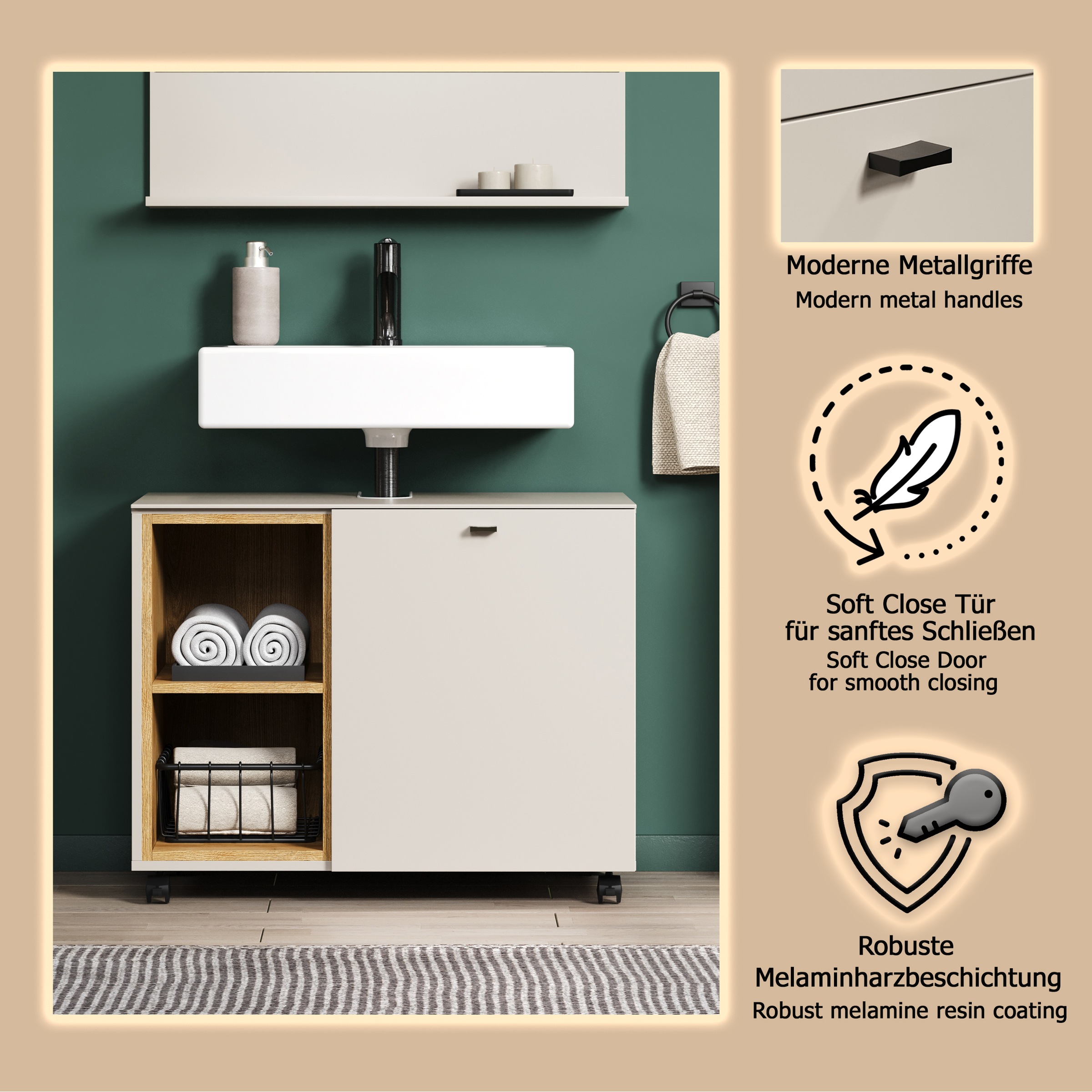 welltime Armoire sous lavabo »San Pedro« 1 cuis tlg. Waschbeckenunterschrank a. Rollen, Soft-Close 80/42/64 cm