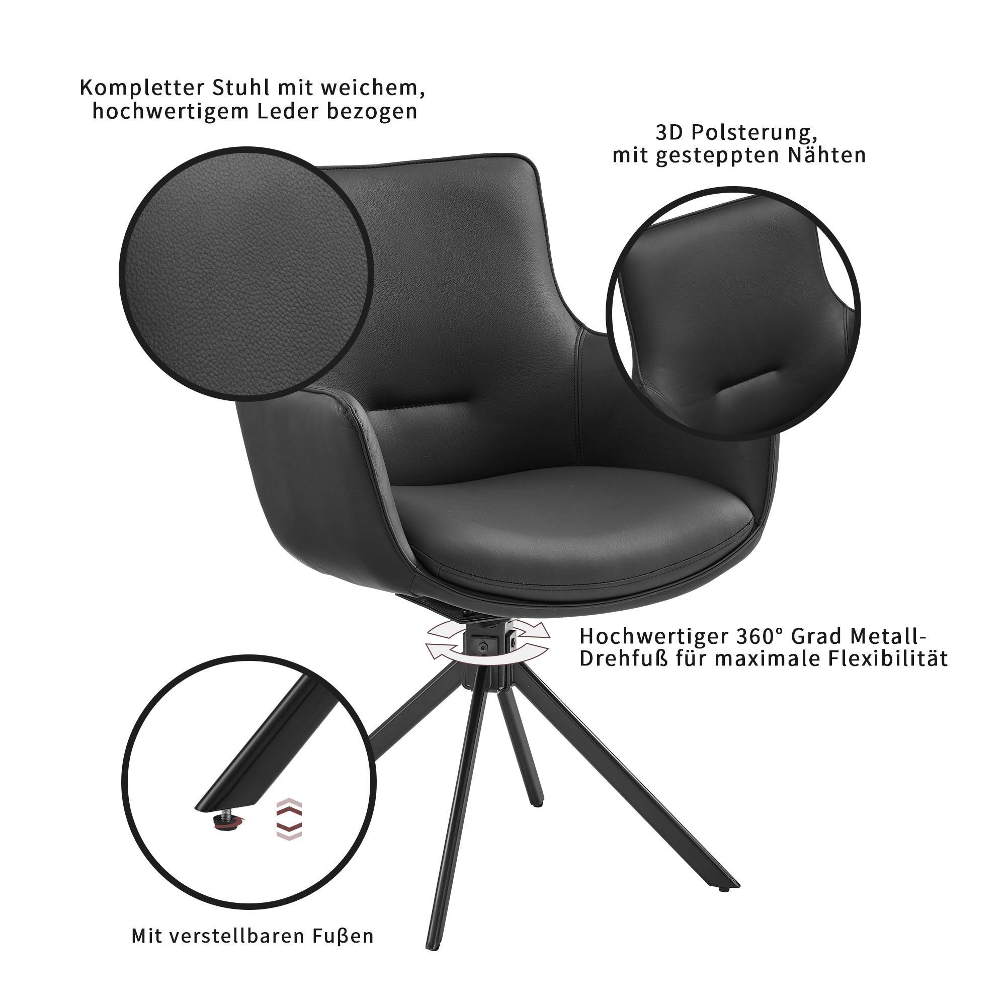 GOODproduct Chaise pivotante (Ensemble) 2 cuisRevêtement en cuir naturel, cadre en fer pivotant à 360°